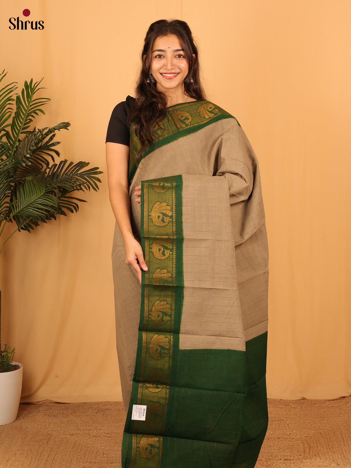 Grey & Green - Sungudi Cotton Saree - Shop on Shrus.com