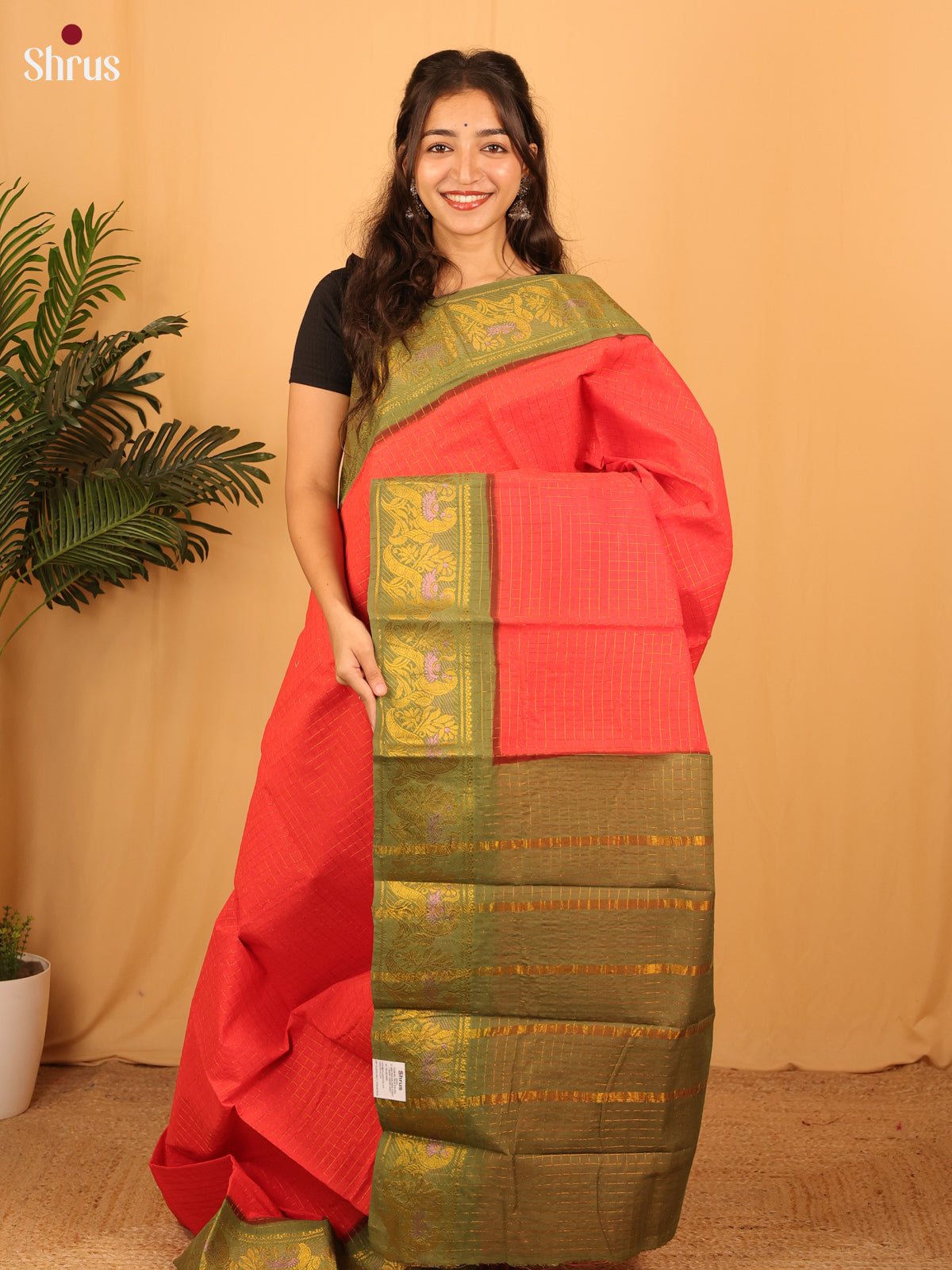 Tomato Red & Green - Sungudi Cotton Saree - Shop on Shrus.com
