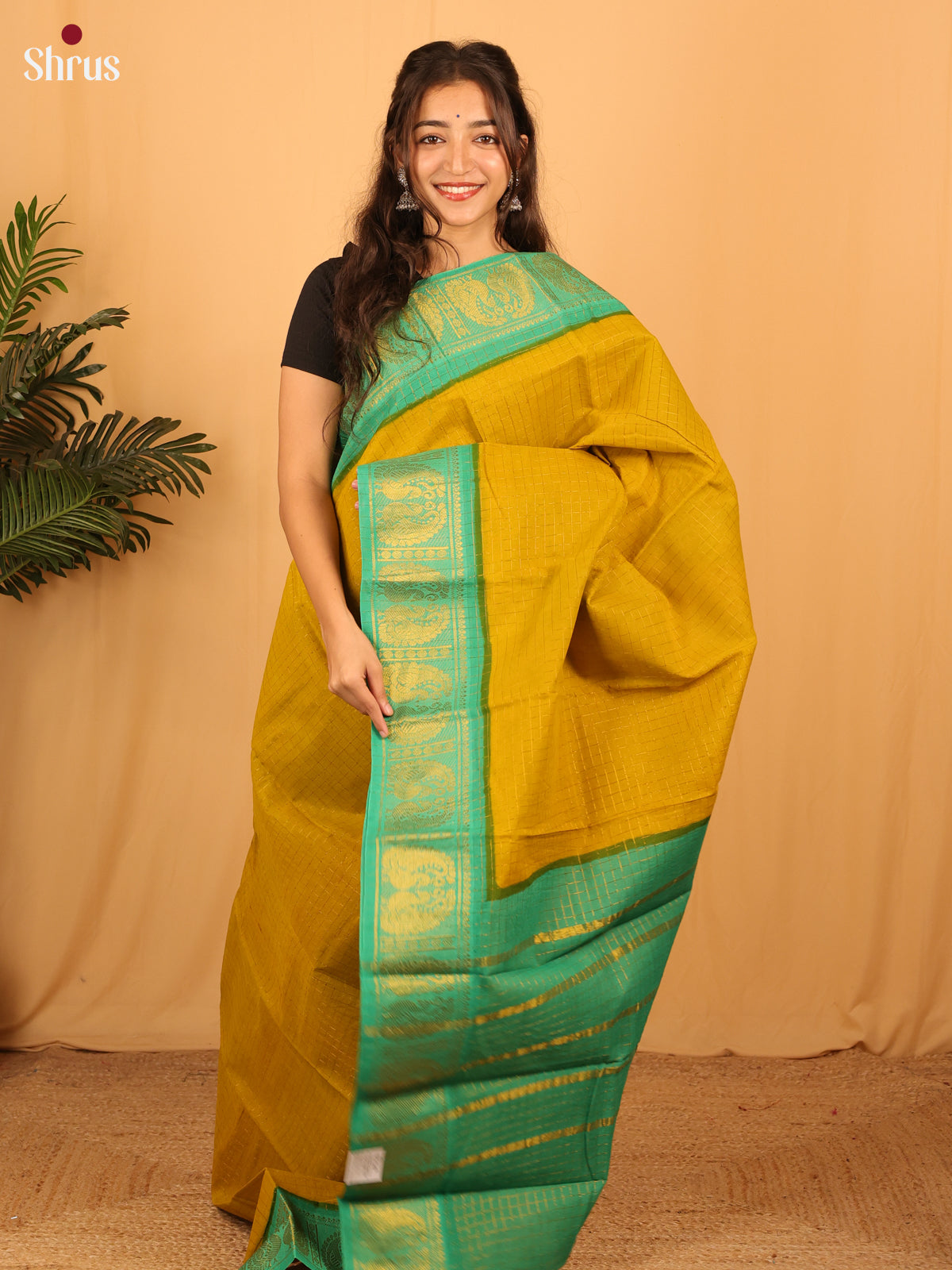 Mustardy Green & Green - Sungudi Cotton Saree - Shop on Shrus.com