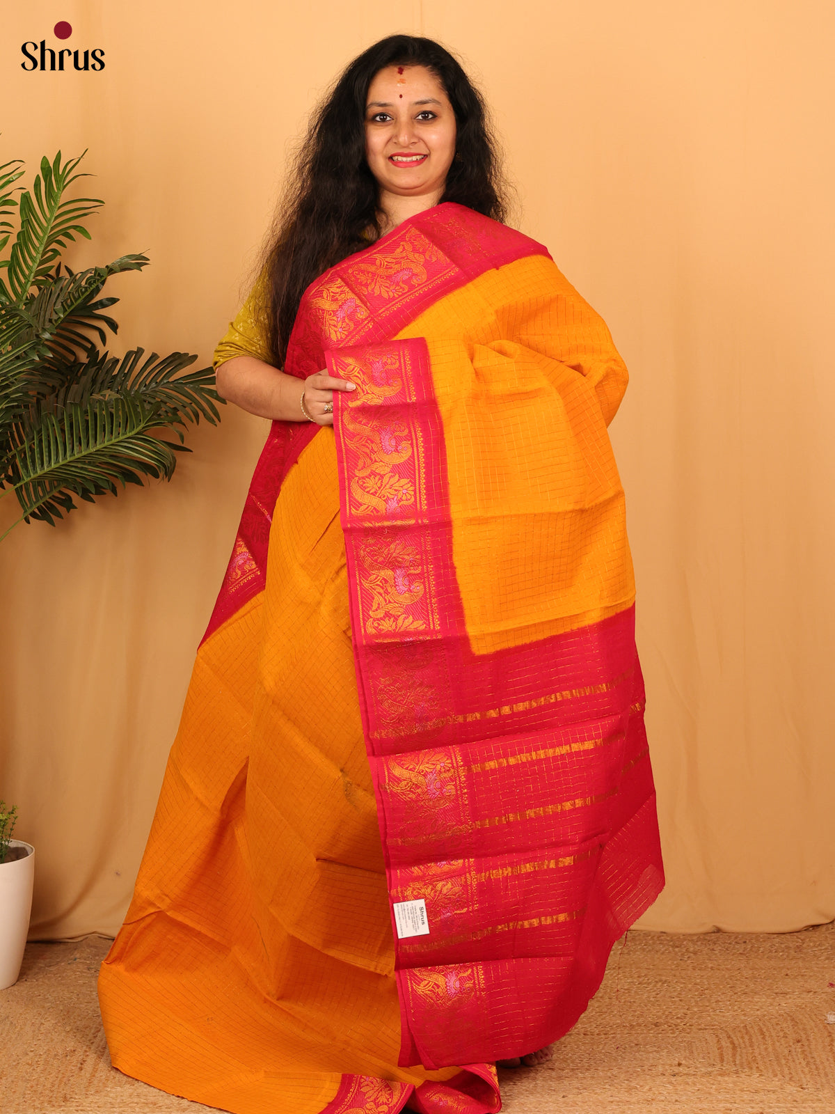 Mustard & Red- Sungudi Cotton Saree - Shop on Shrus.com