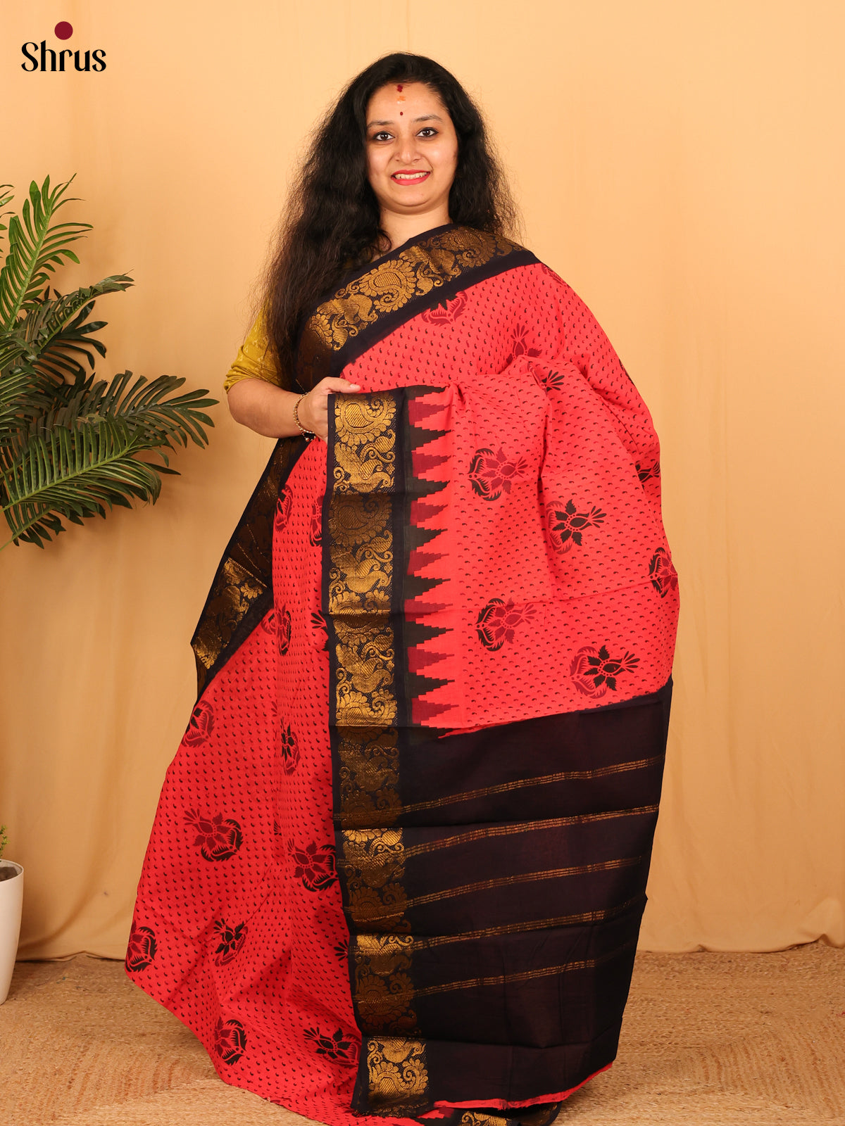 Reddish Pink & Black - Sungudi Cotton Saree - Shop on Shrus.com