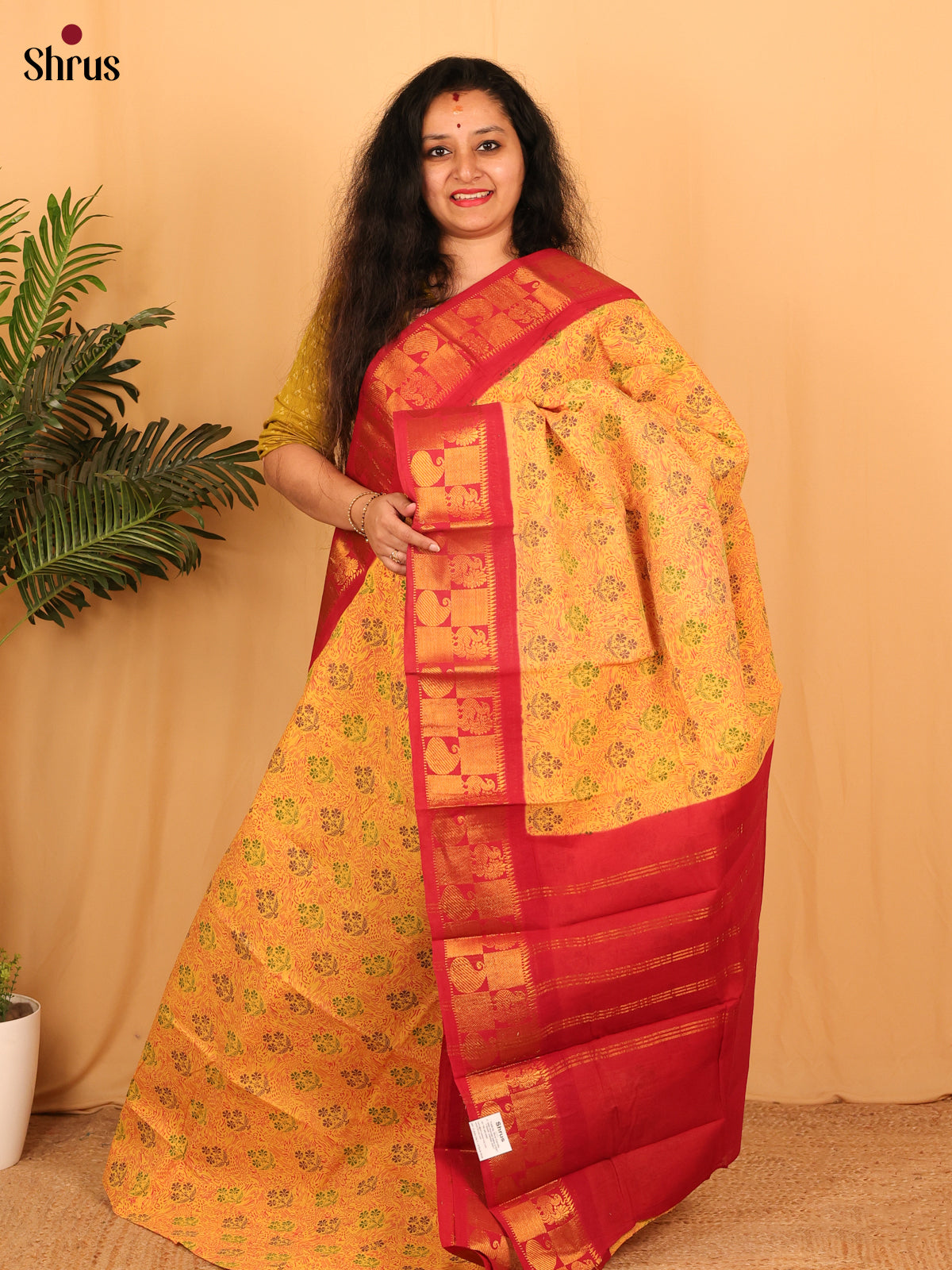 Yellow & Red - Sungudi Cotton Saree - Shop on Shrus.com