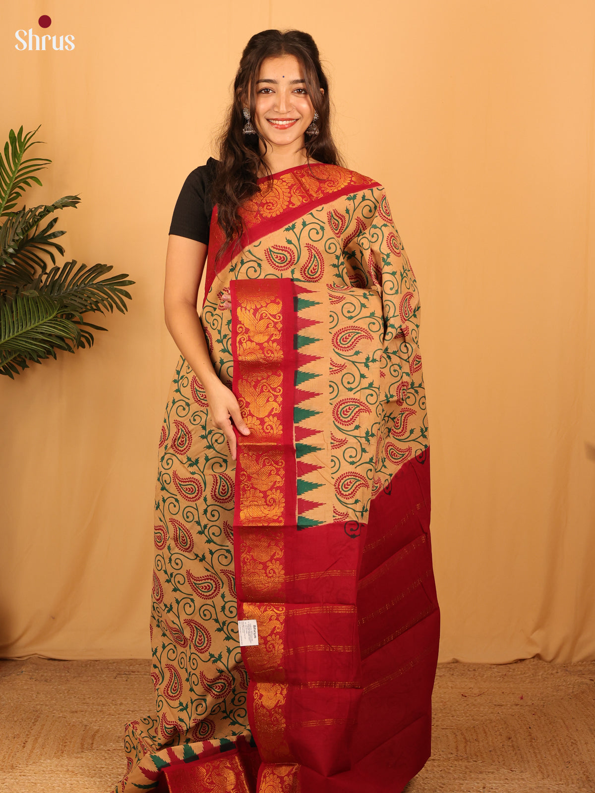 Beige & Red - Sungudi Cotton Saree - Shop on Shrus.com