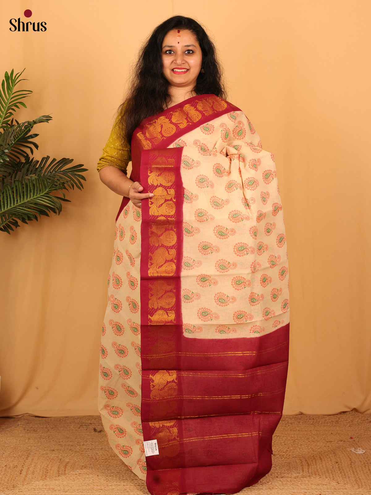 Cream & Red - Sungudi Cotton Saree - Shop on Shrus.com