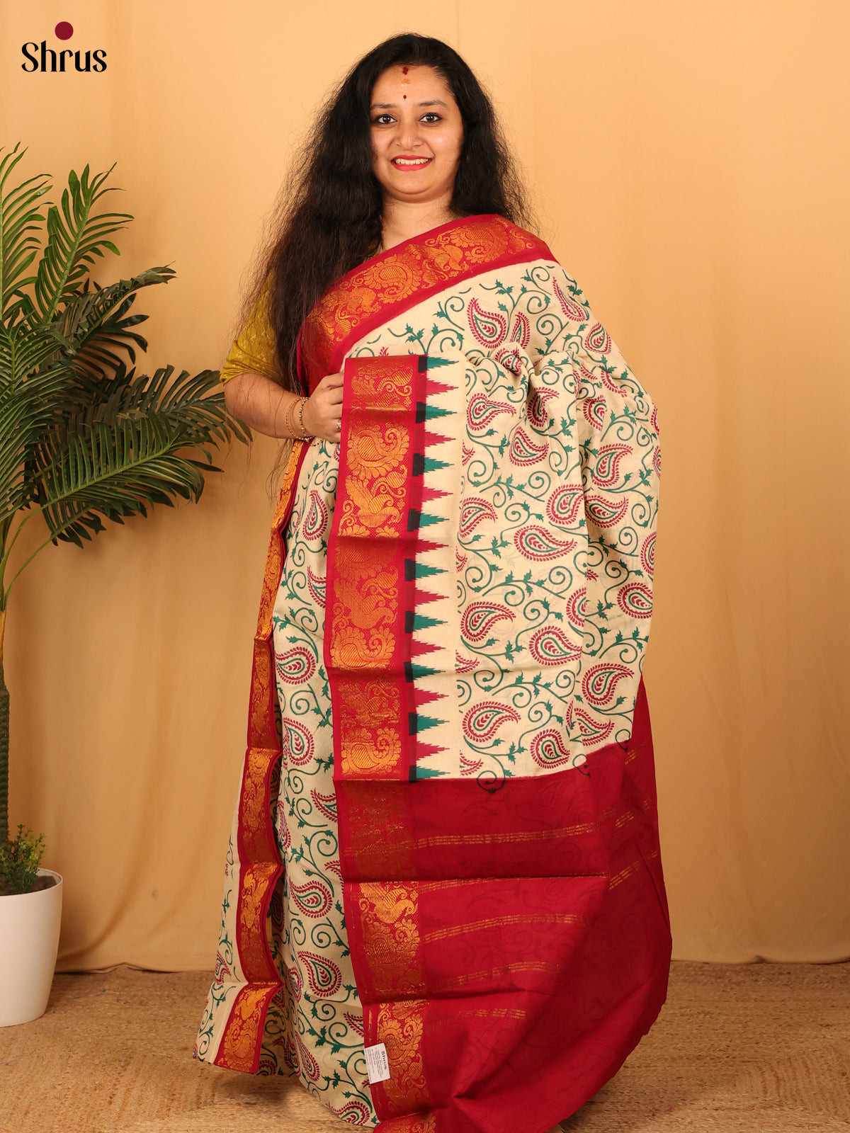 Cream & Red - Sungudi Cotton Saree - Shop on Shrus.com