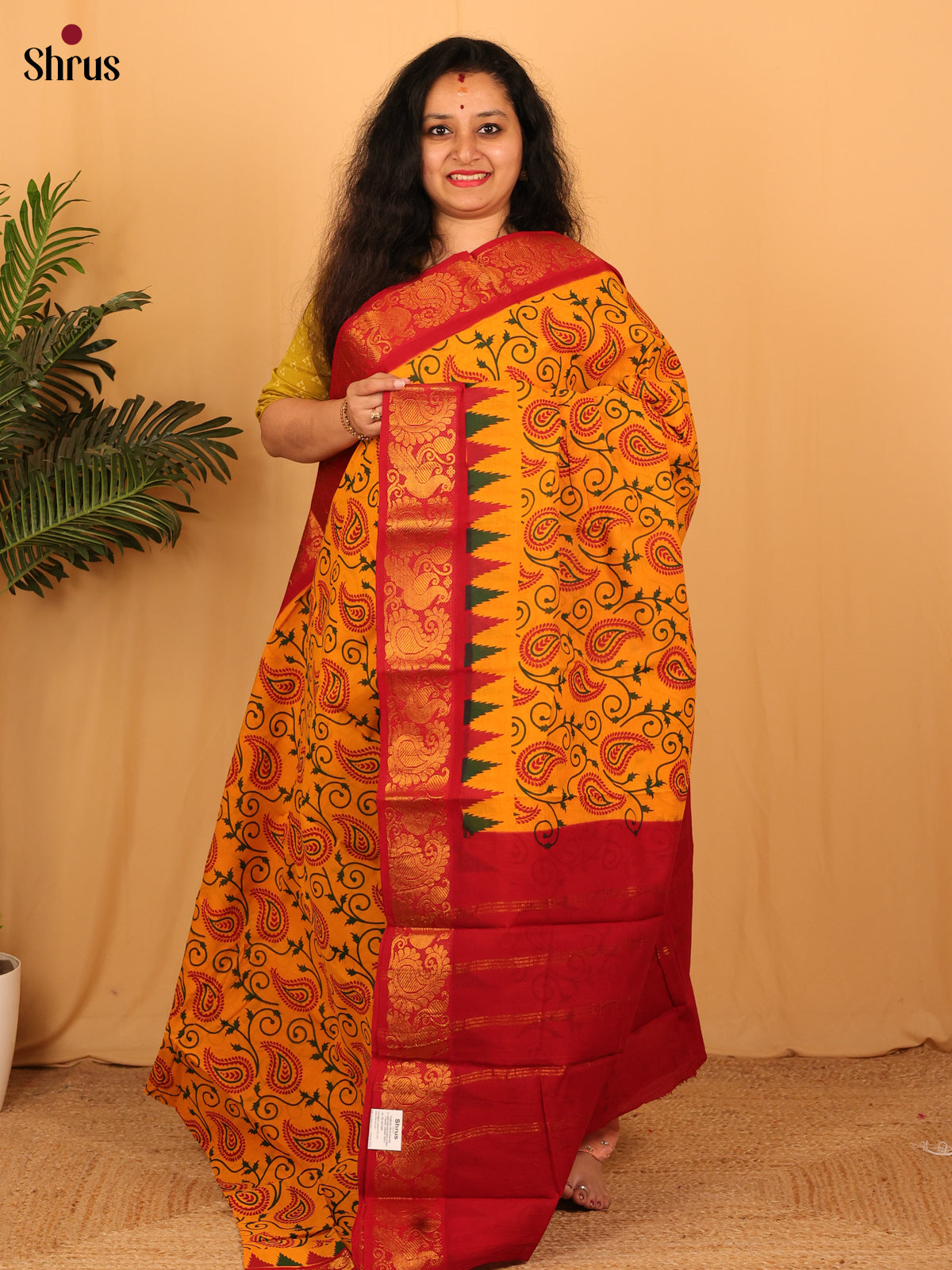Mustard & Red- Sungudi Cotton Saree - Shop on Shrus.com