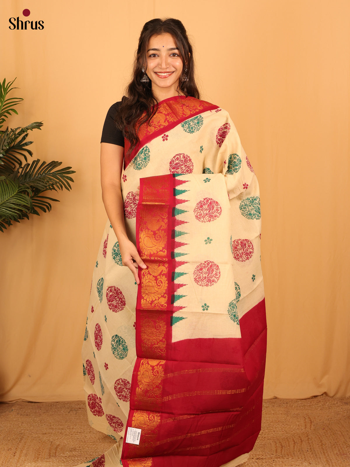 Cream & Red- Sungudi Cotton Saree - Shop on Shrus.com
