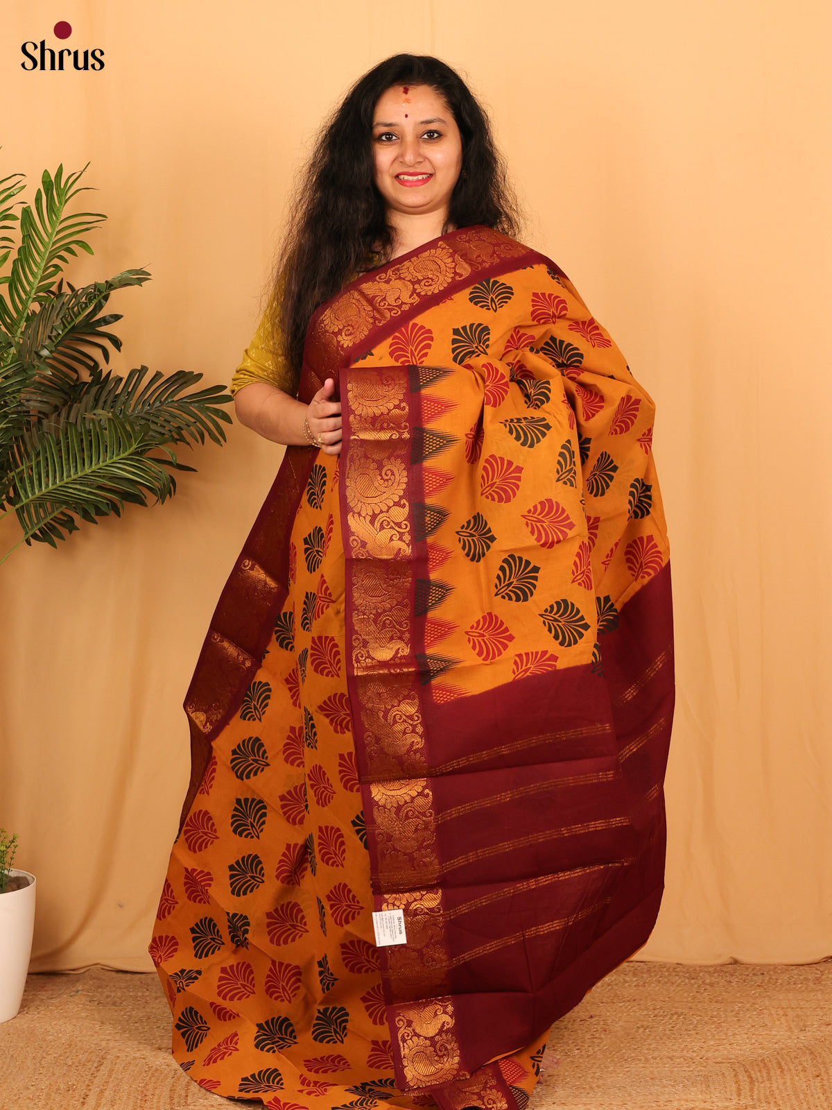 Mustard & Maroon - Sungudi Cotton Saree - Shop on Shrus.com