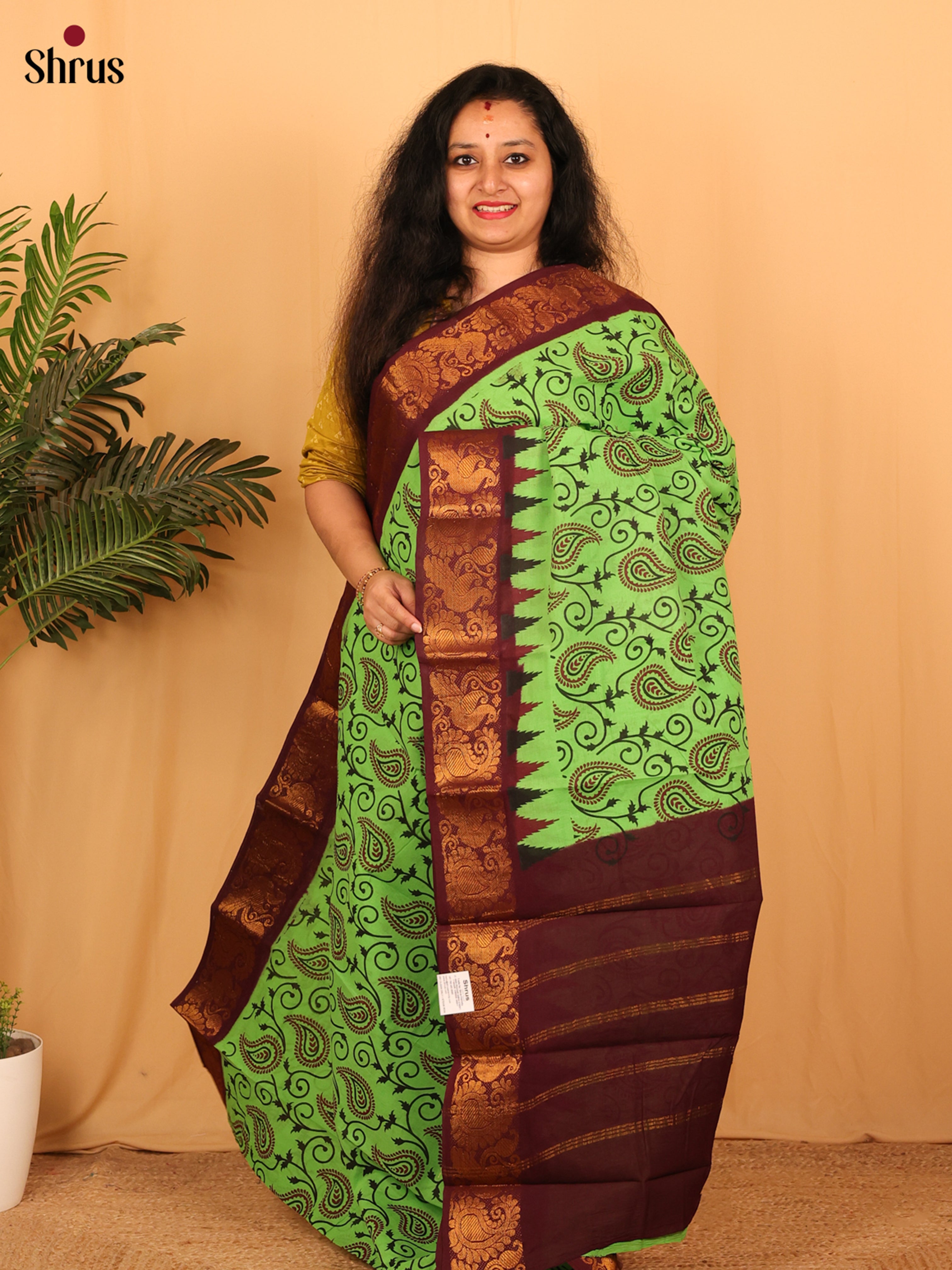 Green & Brown - Sungudi Cotton Saree - Shop on Shrus.com