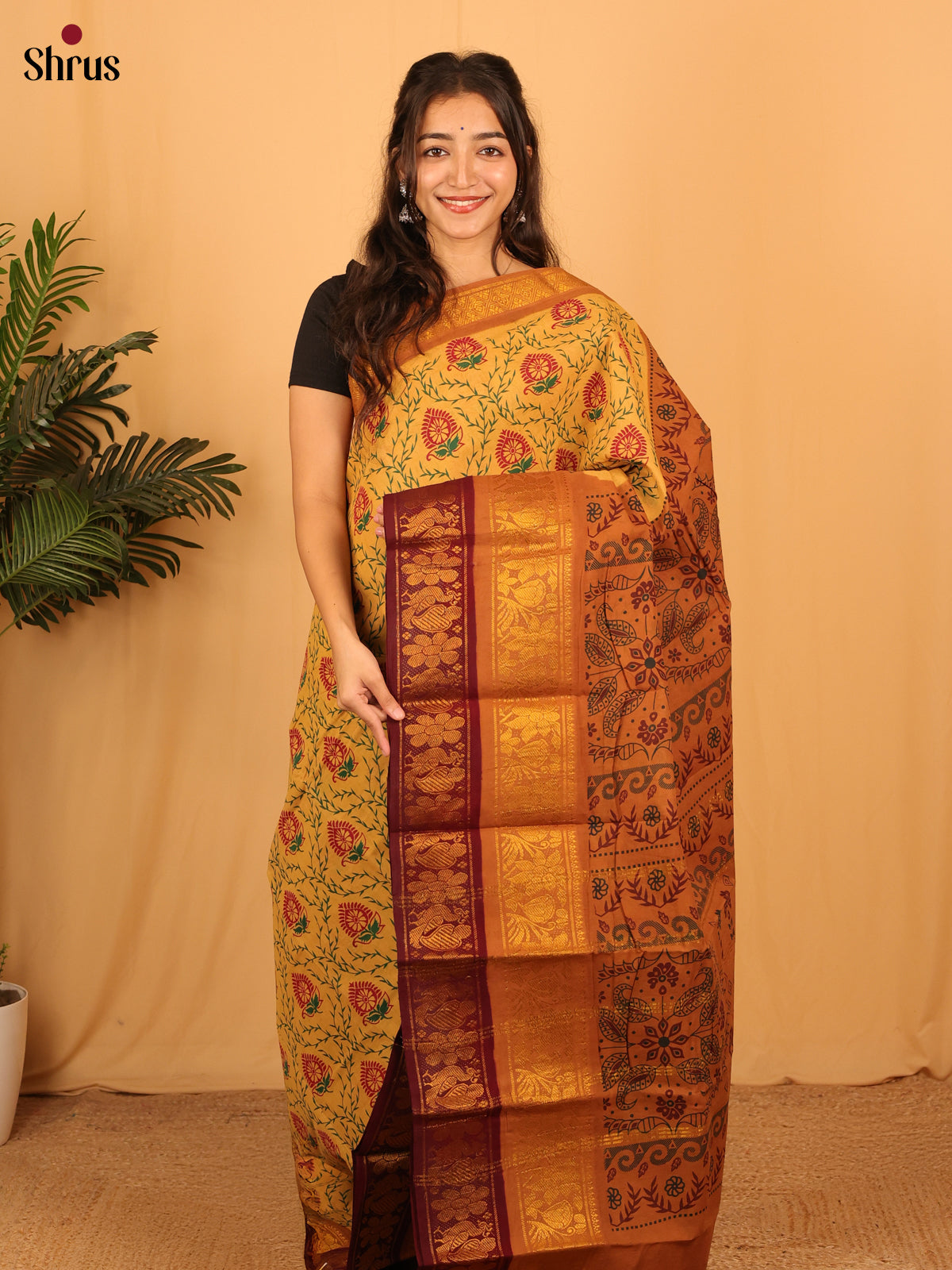 Mustard & Orange - Sungudi Cotton Saree - Shop on Shrus.com