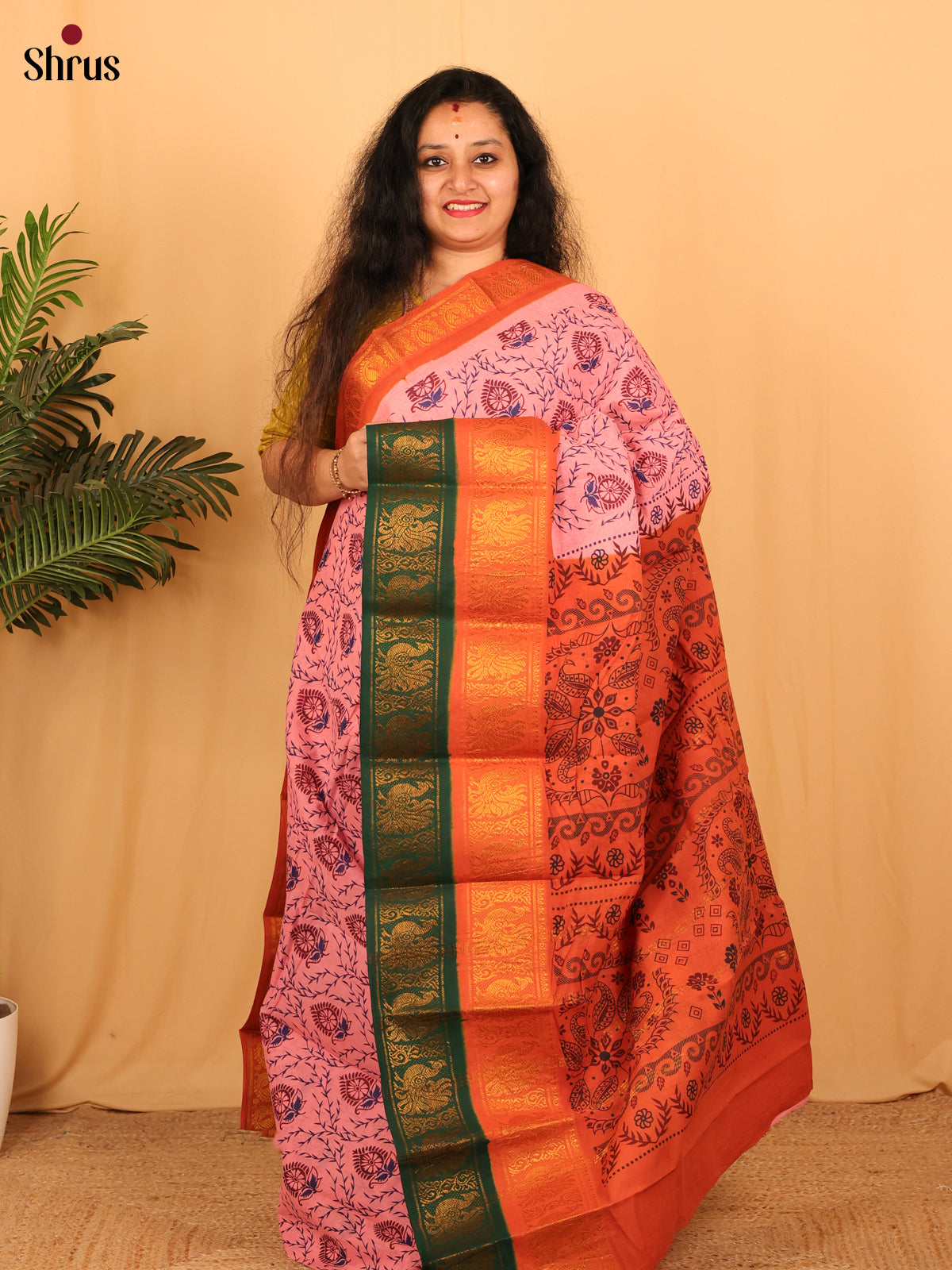 Pink & Orange - Sungudi Cotton Saree - Shop on Shrus.com