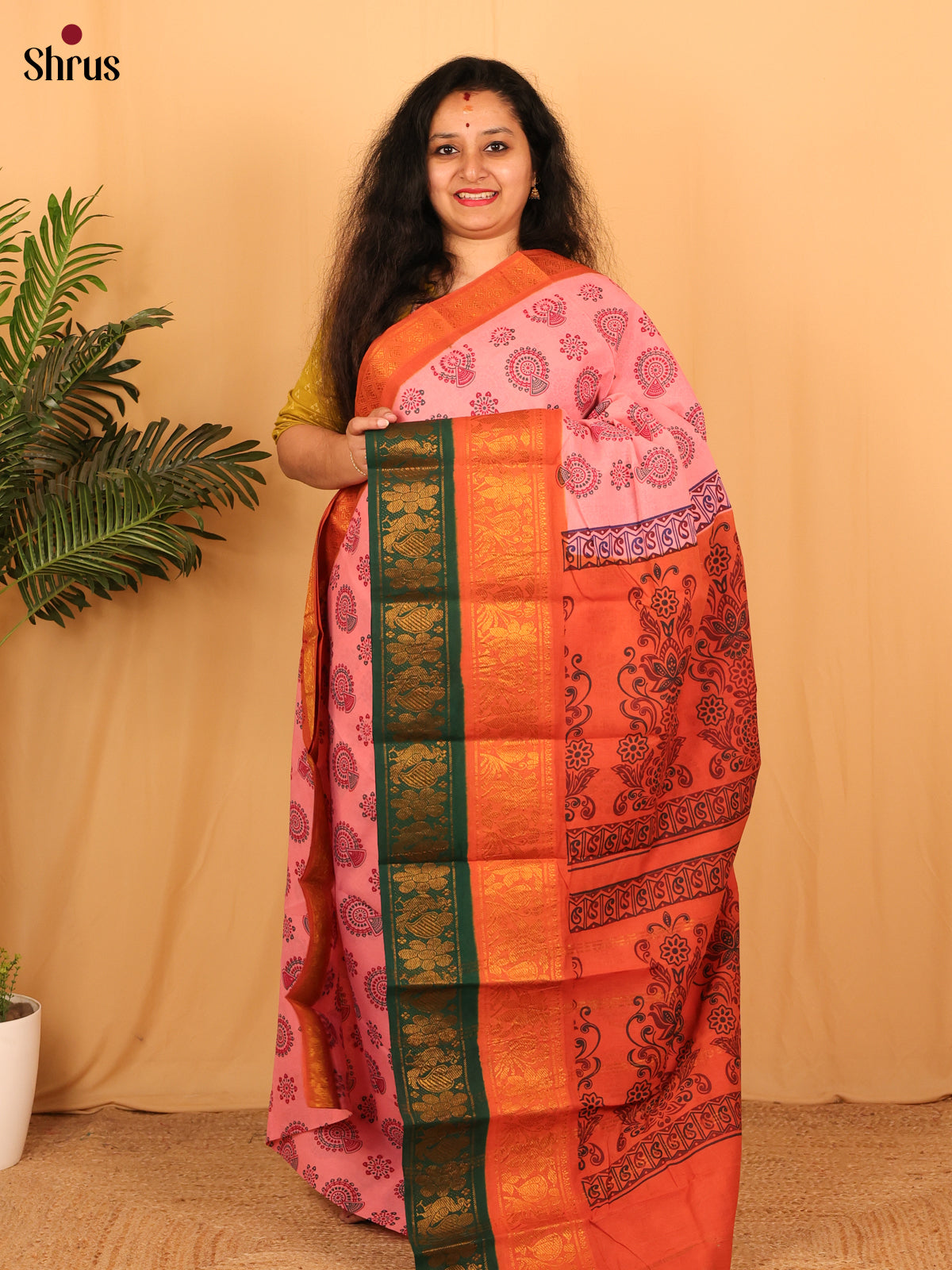 Pink & Orange - Sungudi Cotton Saree - Shop on Shrus.com