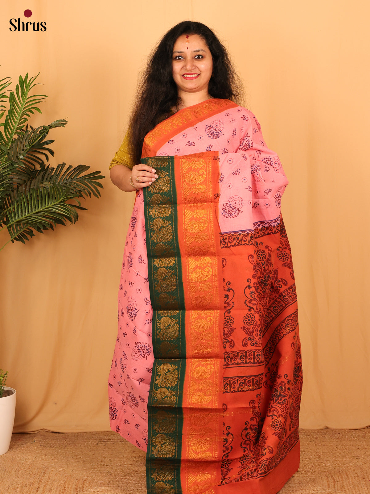 Pink & Orange - Sungudi Cotton Saree - Shop on Shrus.com