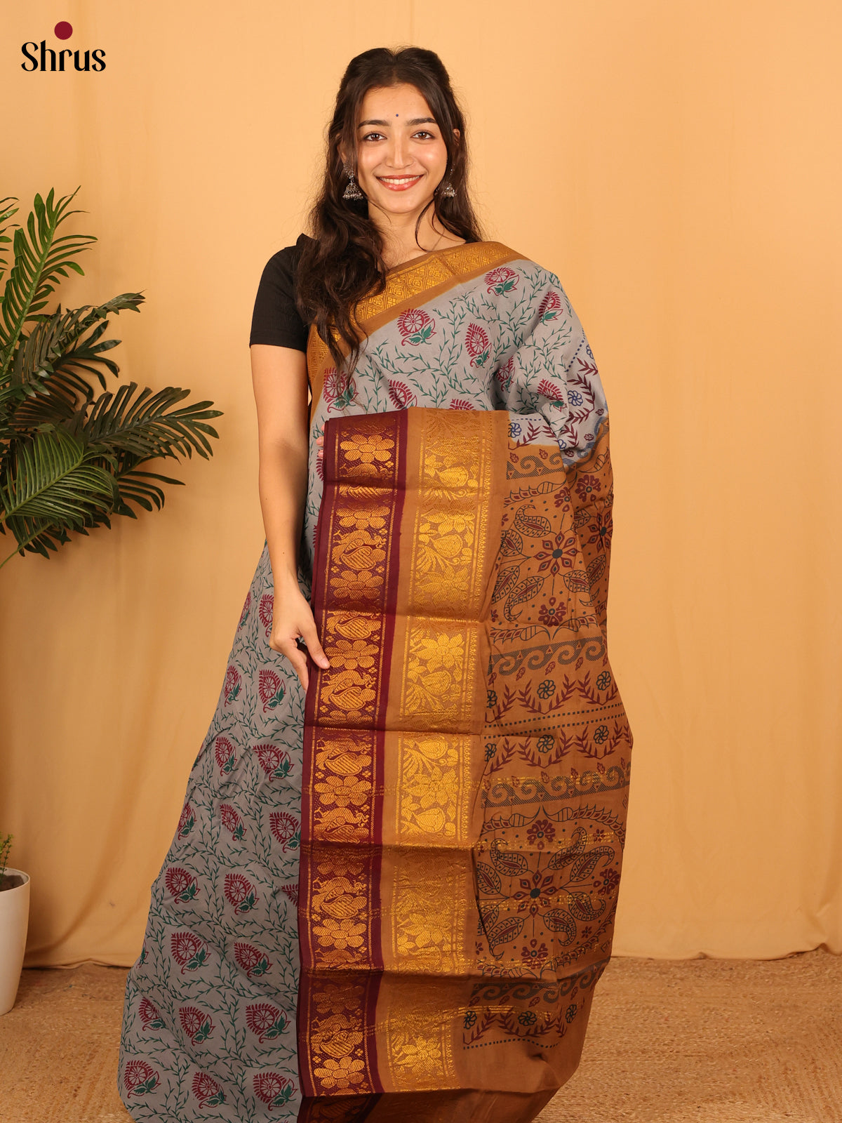 Grey & Mustard- Sungudi Cotton Saree - Shop on Shrus.com