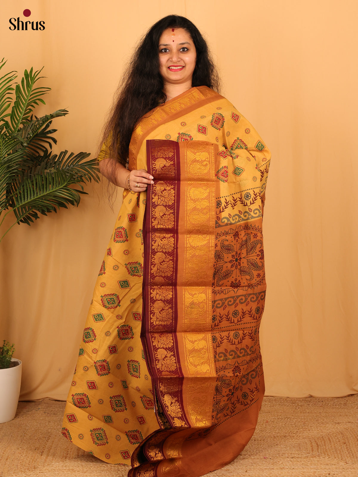 Beige & Mustard - Sungudi Cotton Saree - Shop on Shrus.com
