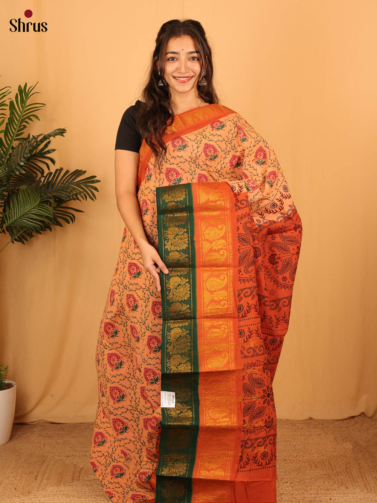 Peach & Orange - Sungudi Cotton Saree - Shop on Shrus.com
