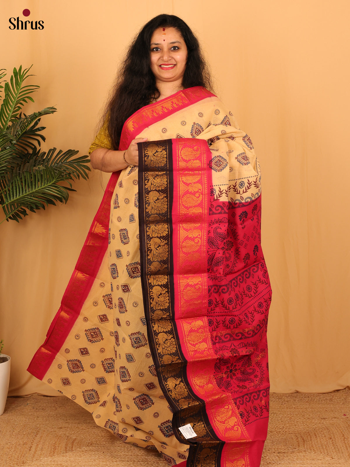 Cream & Pink- Sungudi Cotton Saree - Shop on Shrus.com
