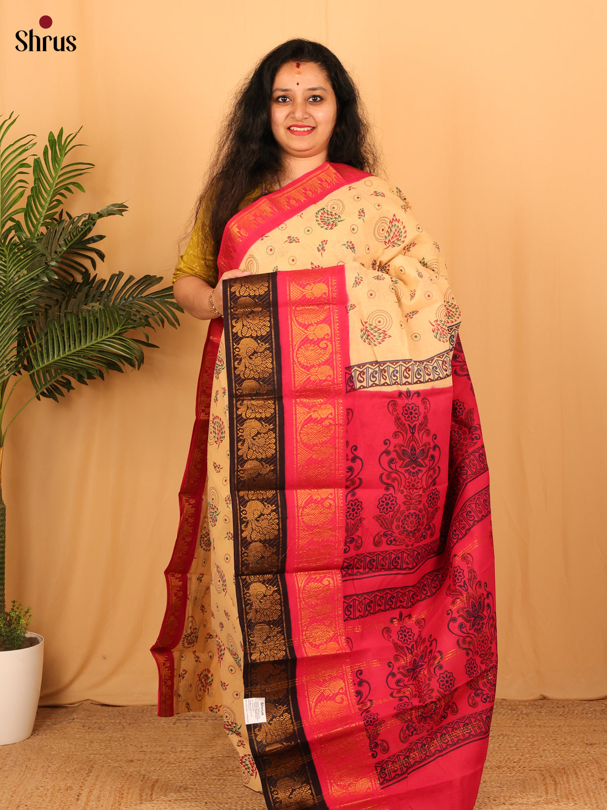 Cream & Pink - Sungudi Cotton Saree - Shop on Shrus.com