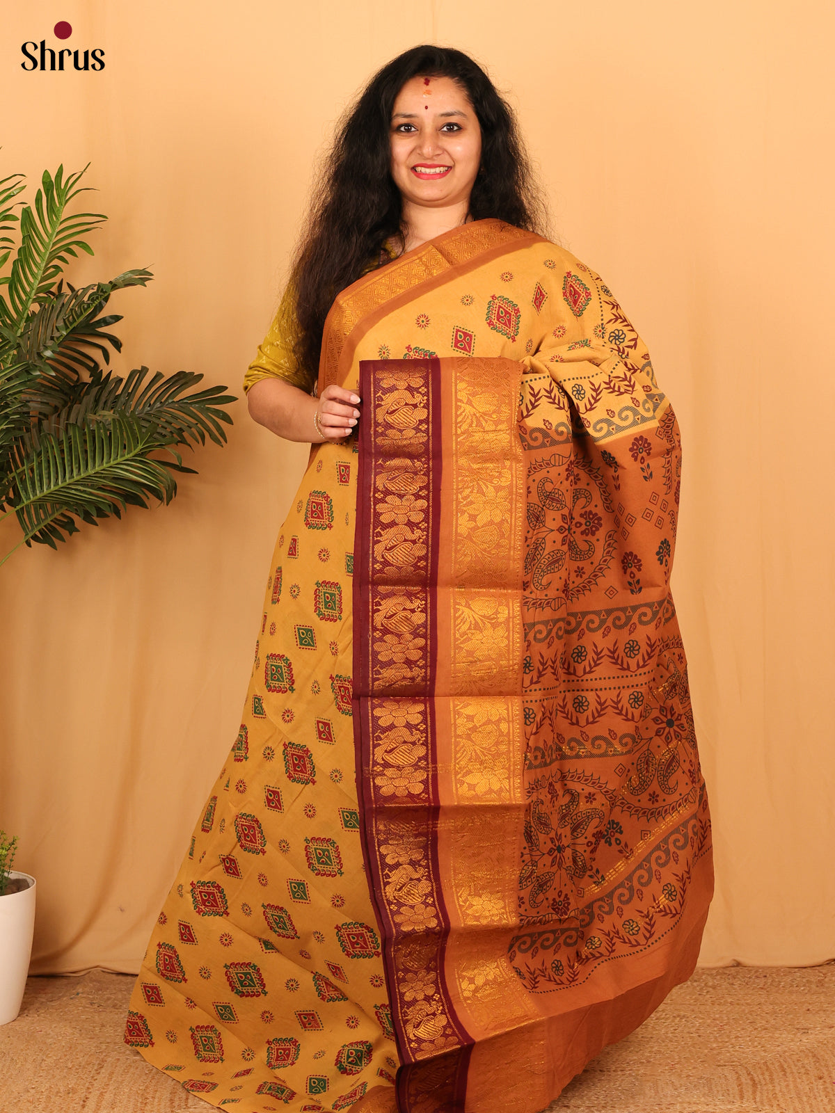 Beige & Mustard- Sungudi Cotton Saree - Shop on Shrus.com