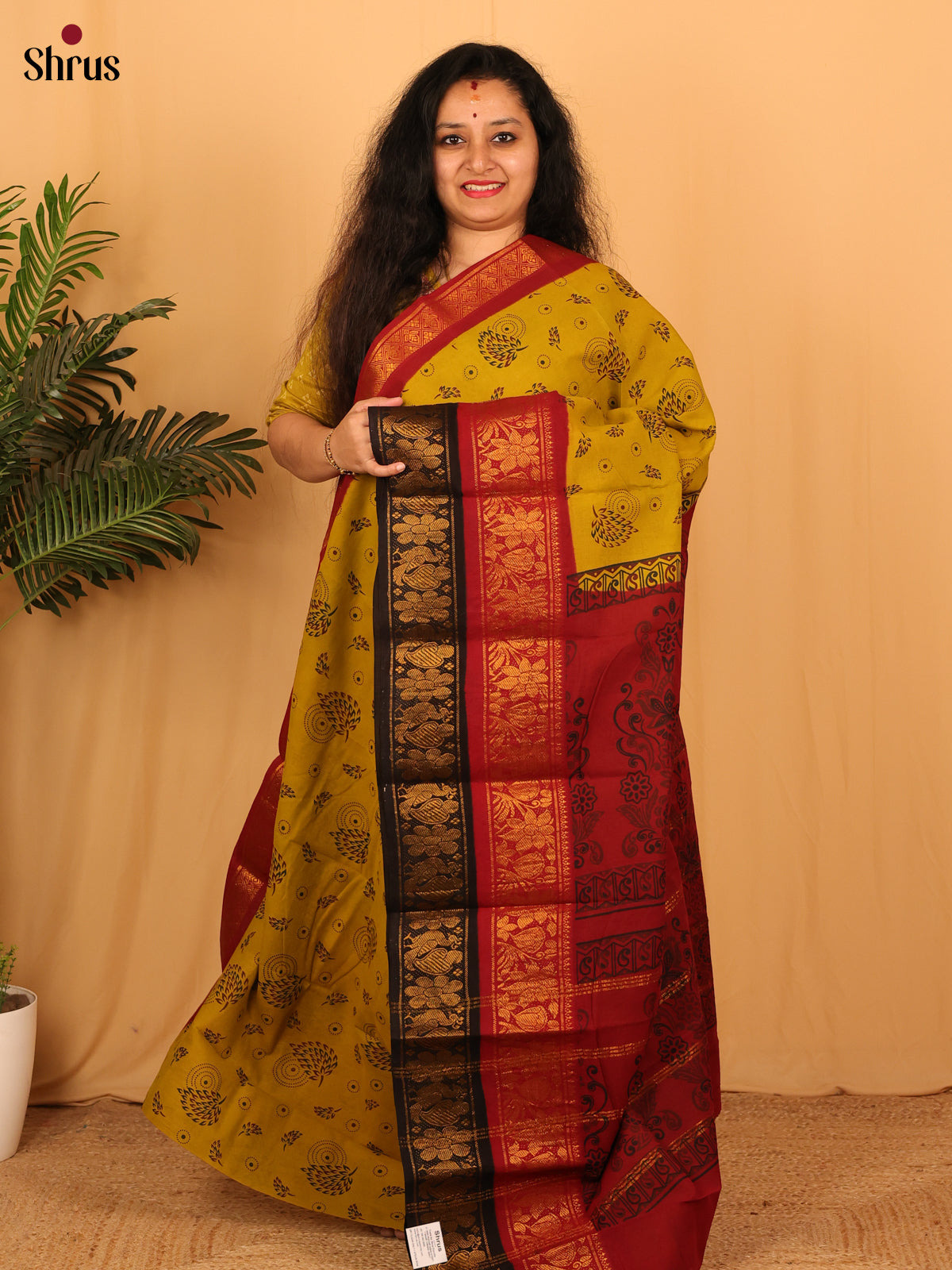 Mustard & Maroon - Sungudi Cotton Saree - Shop on Shrus.com