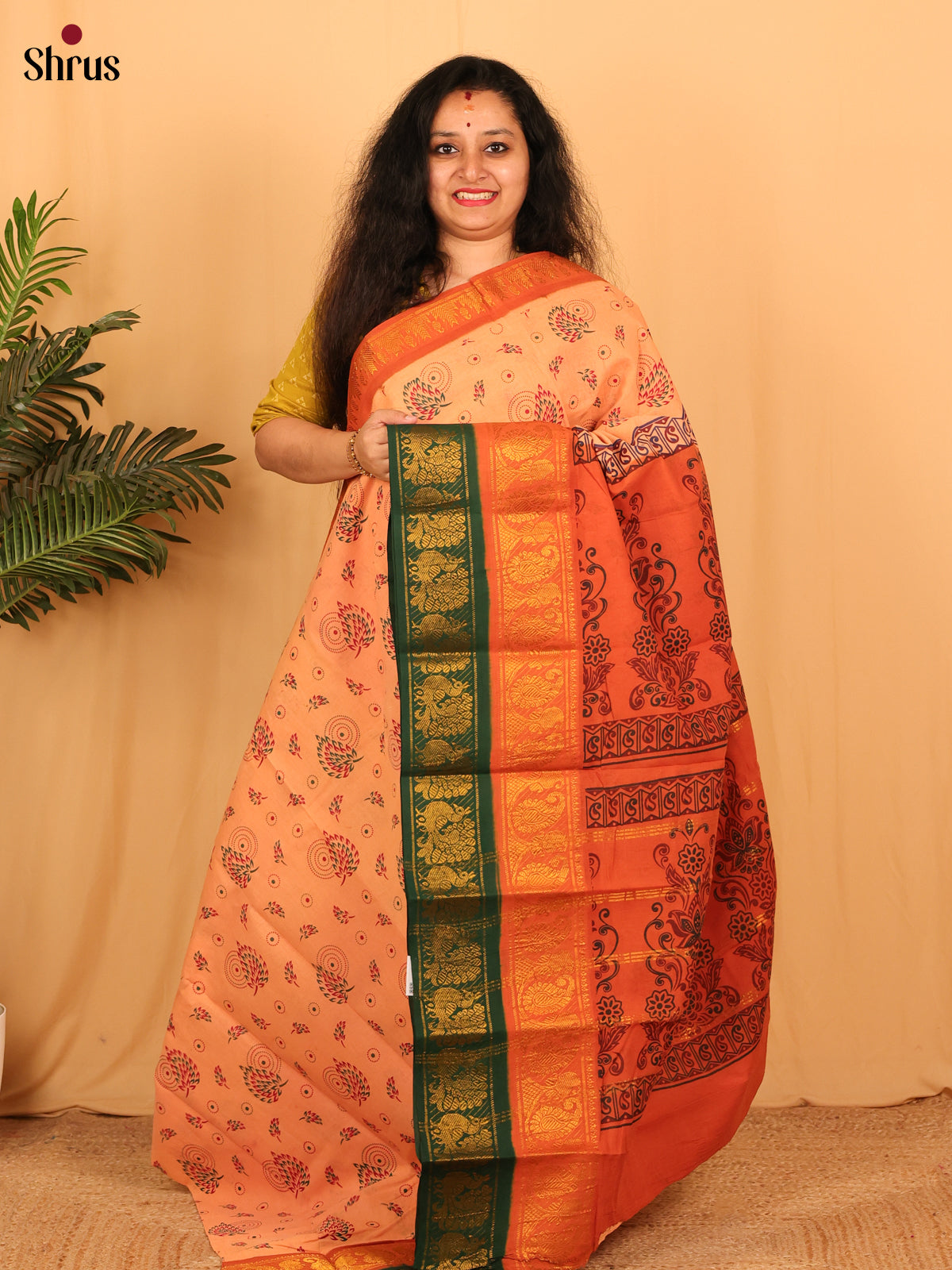 Peach & Orange - Sungudi Cotton Saree - Shop on Shrus.com