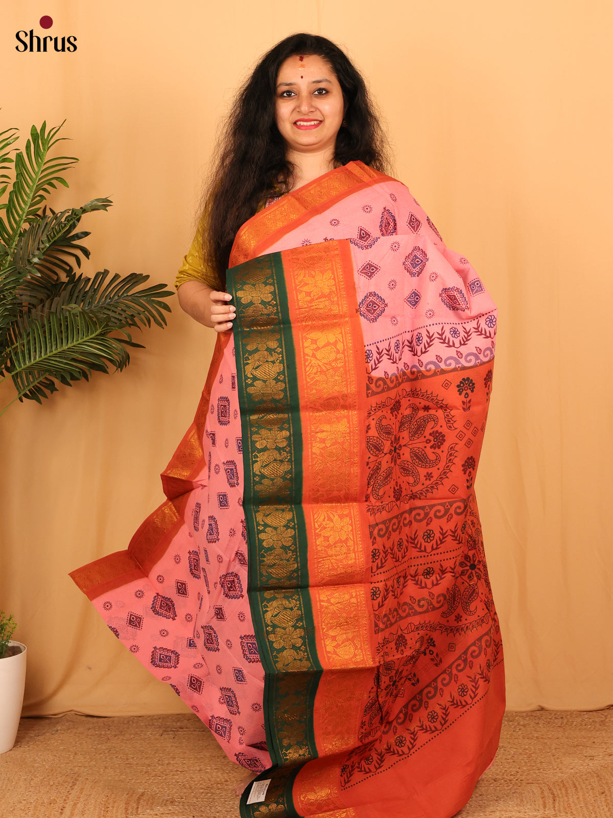 Pink & Orange - Sungudi Cotton Saree - Shop on Shrus.com