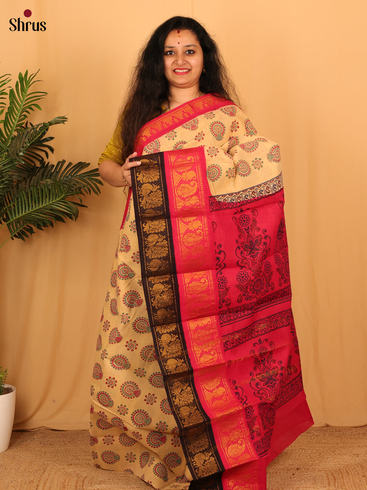 Ivory & Pink- Sungudi Cotton Saree - Shop on Shrus.com