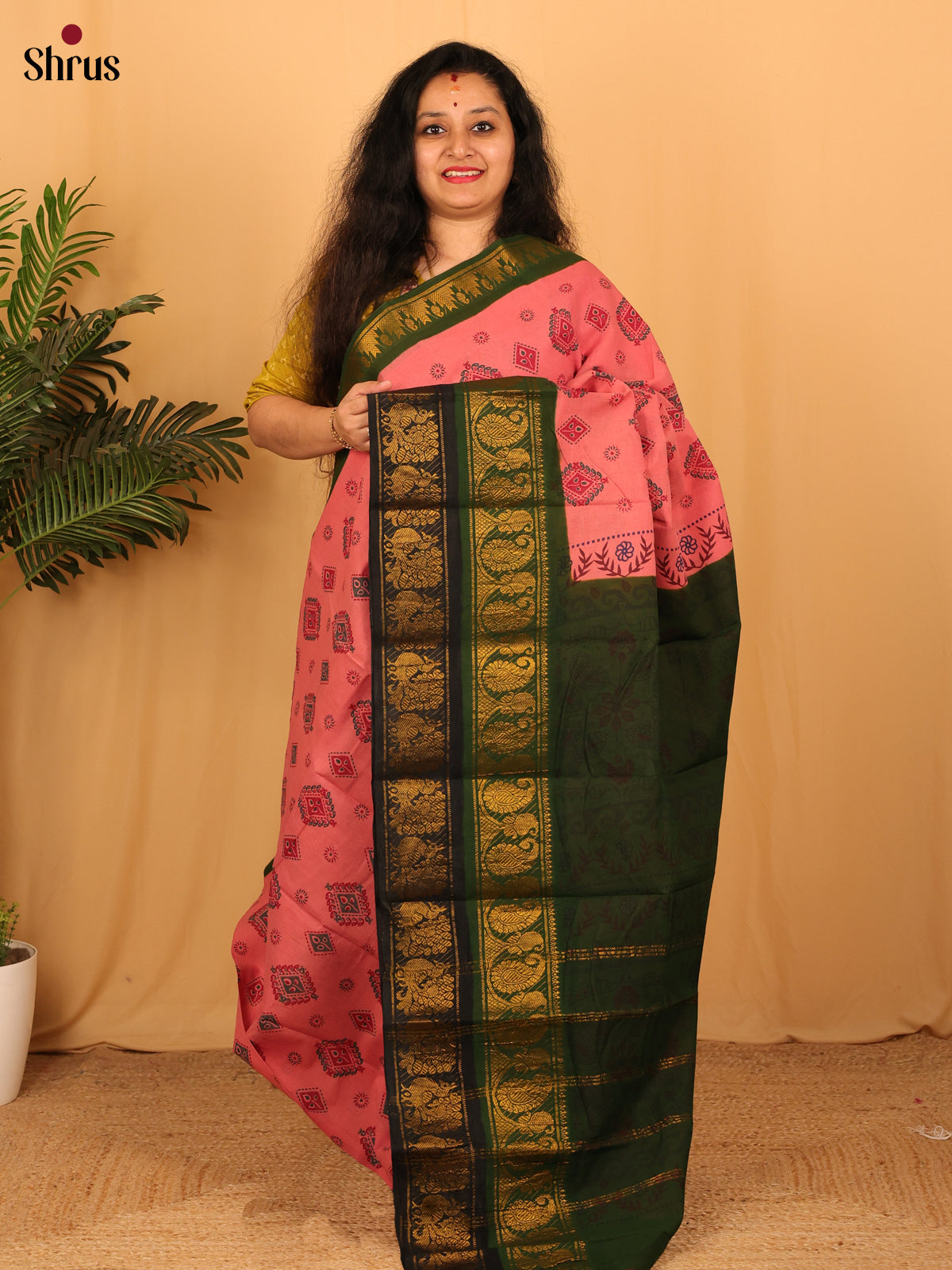 Pink & Green- Sungudi Cotton Saree - Shop on Shrus.com