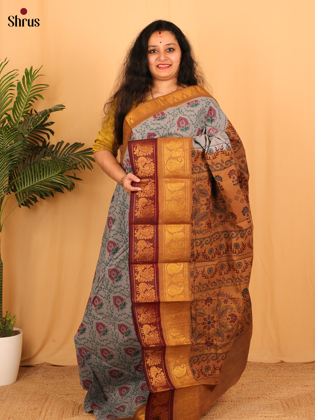 Grey & Mustard- Sungudi Cotton Saree - Shop on Shrus.com