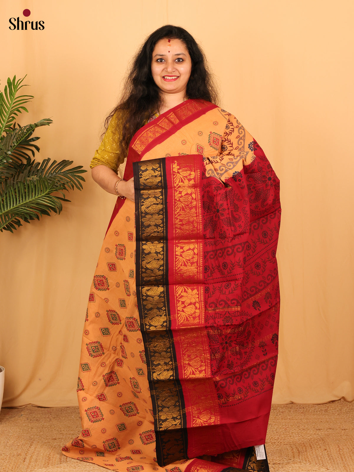 Peach & Red - Sungudi Cotton Saree - Shop on Shrus.com