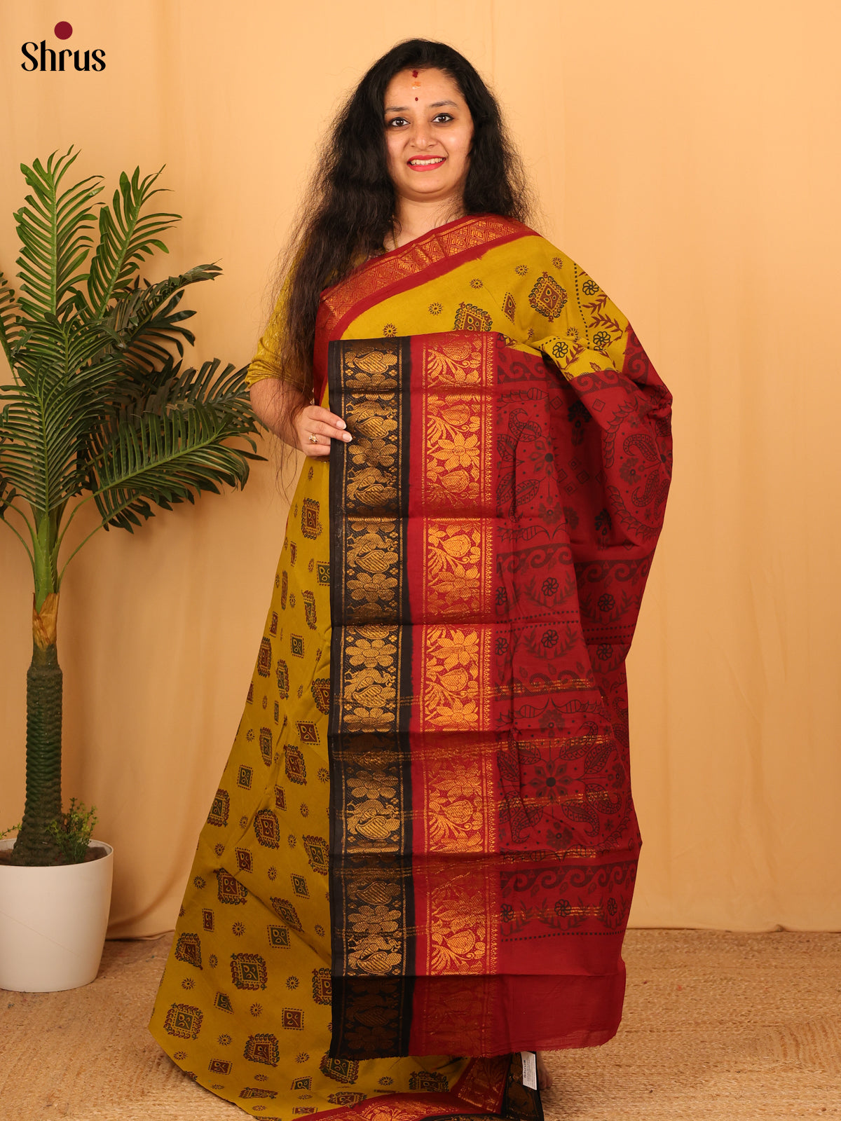 Yellow & Maroon - Sungudi Cotton Saree - Shop on Shrus.com