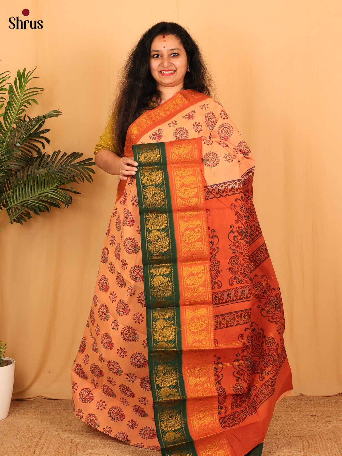 Peach & Orange - Sungudi Cotton Saree - Shop on Shrus.com