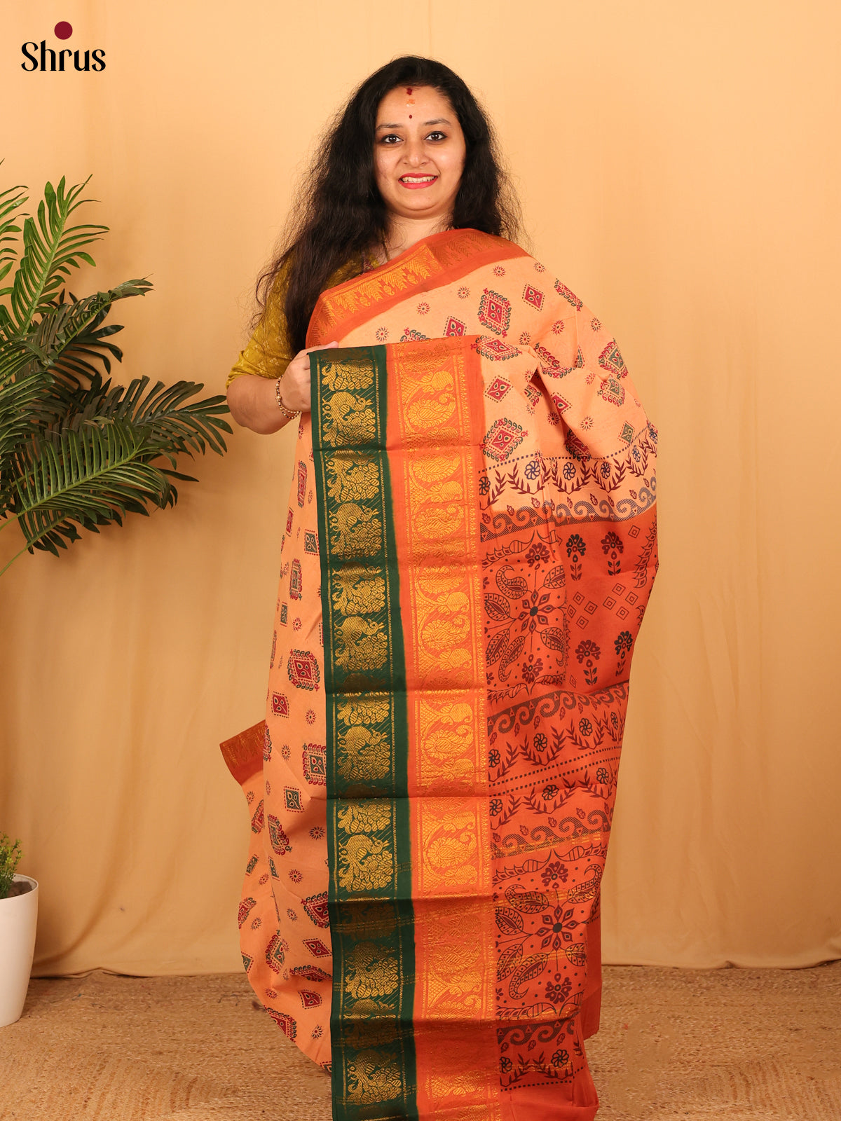 Peach & Orange - Sungudi Cotton Saree - Shop on Shrus.com