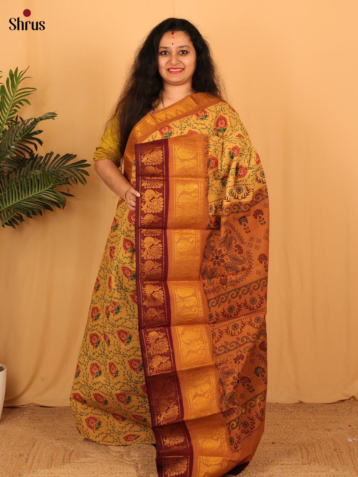 Beige & mustard - Sungudi Cotton Saree - Shop on Shrus.com