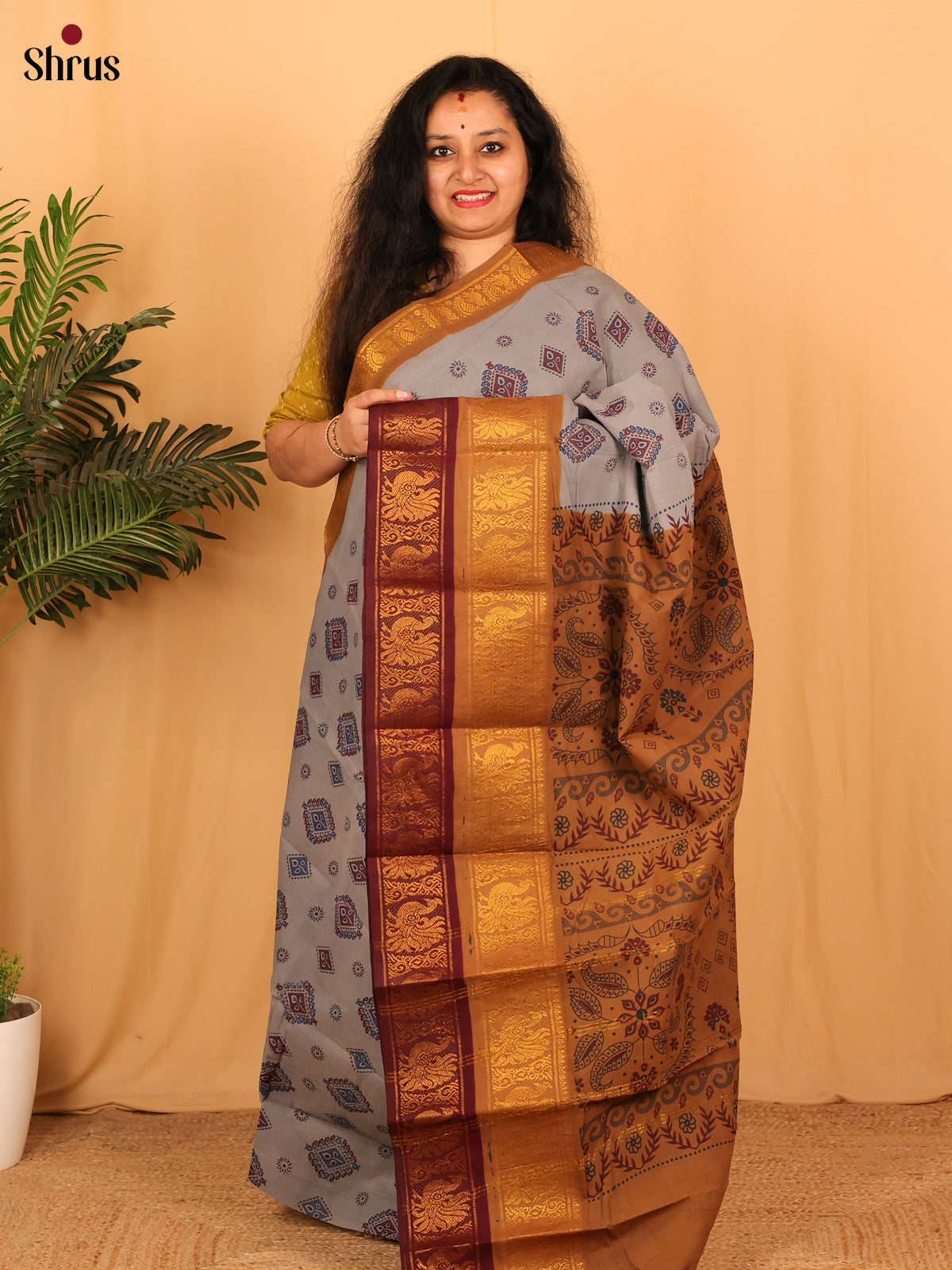 Grey & Mustard - Sungudi Cotton Saree - Shop on Shrus.com