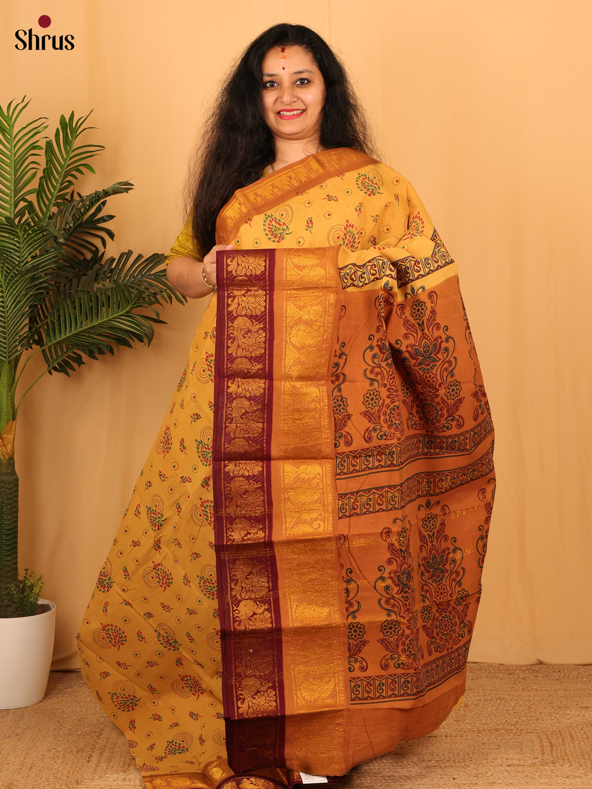 Beige & Mustard - Sungudi Cotton Saree - Shop on Shrus.com