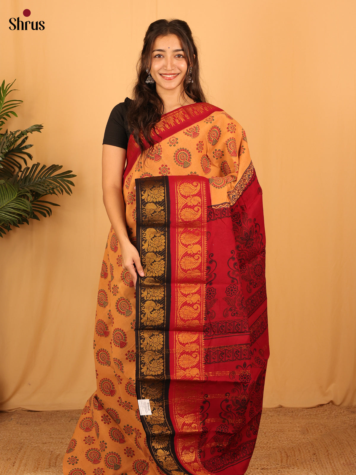 Peach & Red- Sungudi Cotton Saree - Shop on Shrus.com