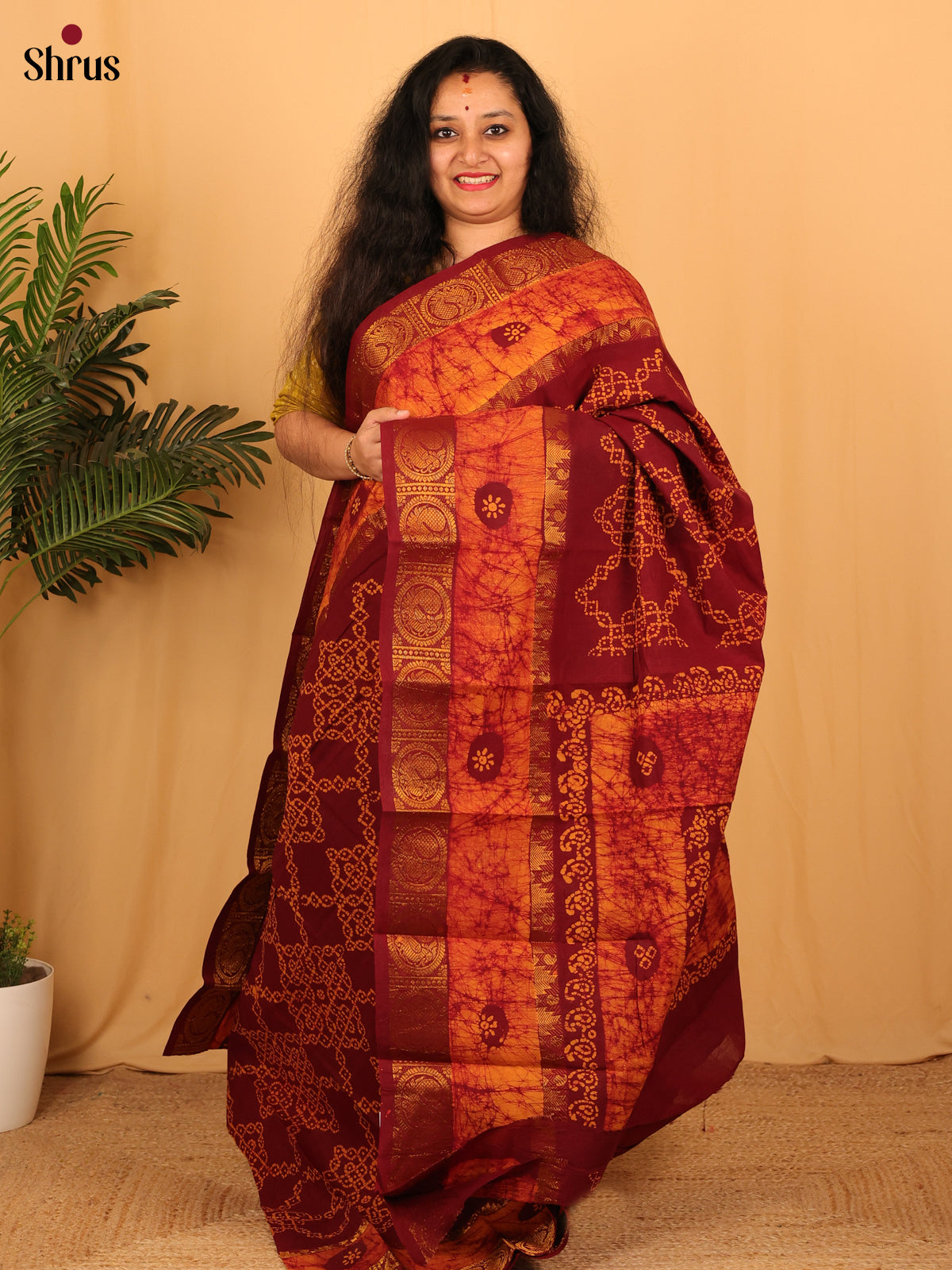 Maroon & Orange- Sungudi Cotton Saree - Shop on Shrus.com