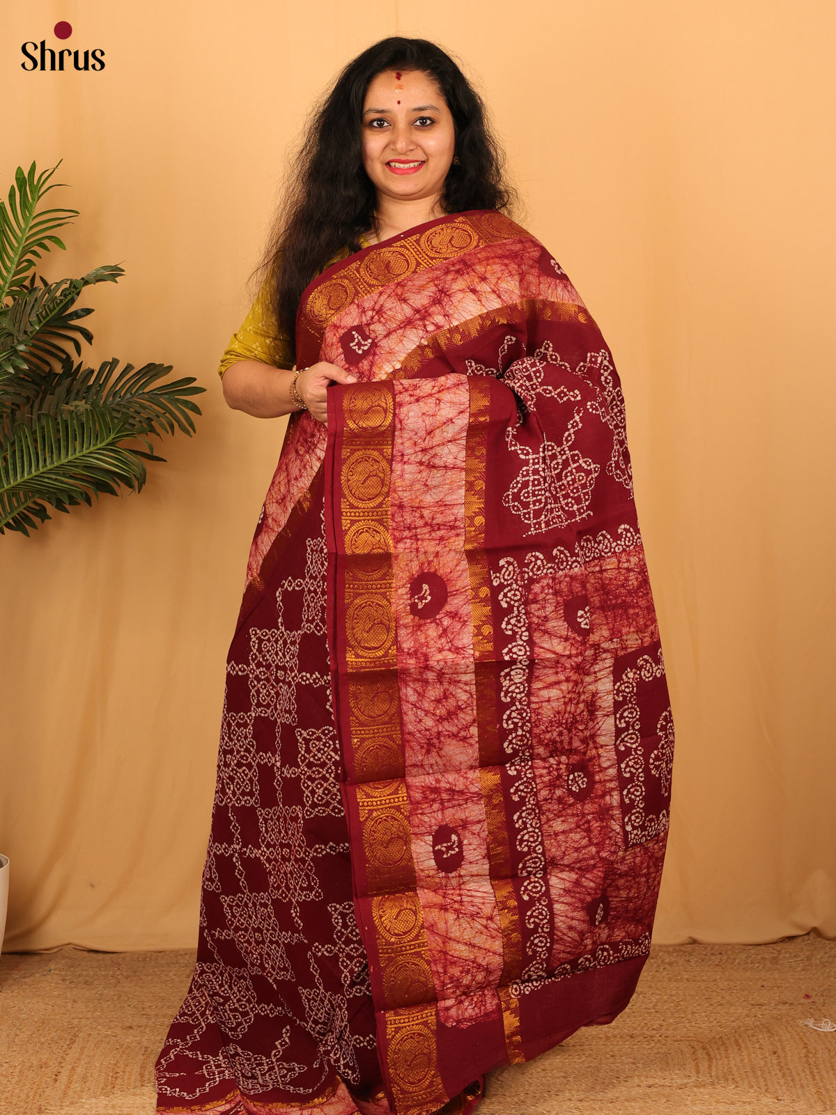 Maroon & Cream - Sungudi Cotton Saree - Shop on Shrus.com