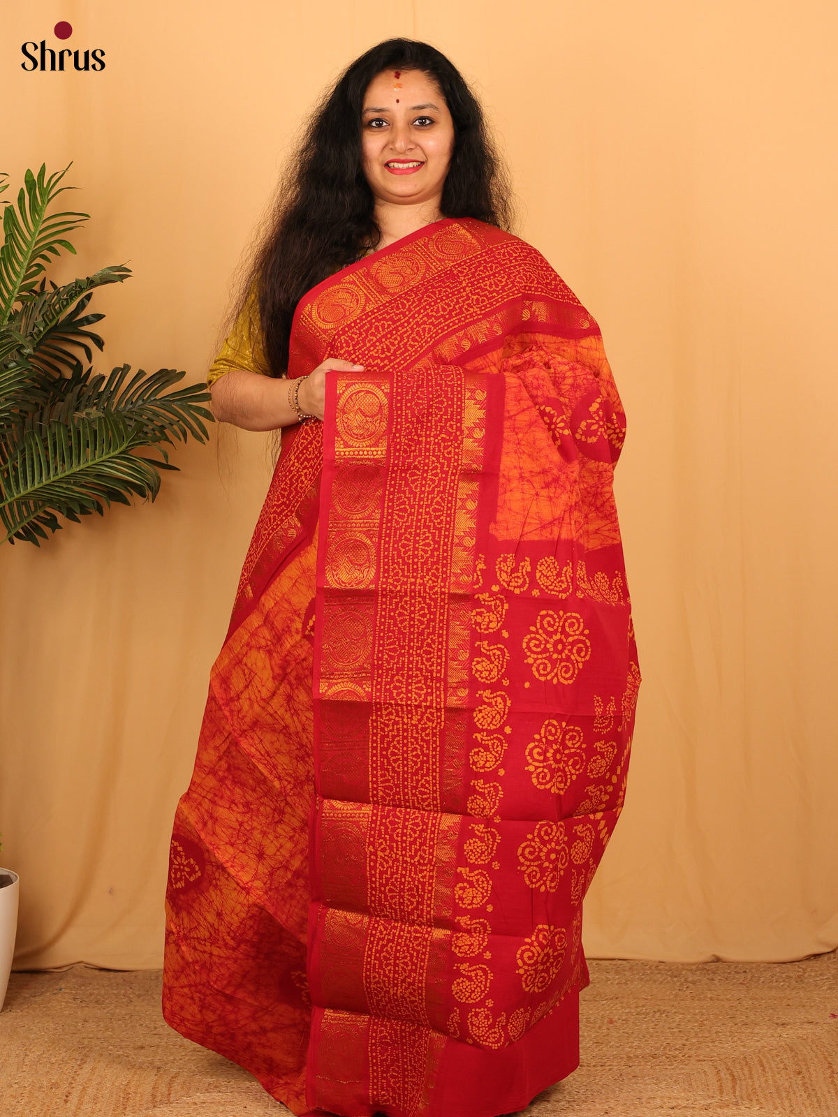 Orange & Red - Sungudi Cotton Saree - Shop on Shrus.com