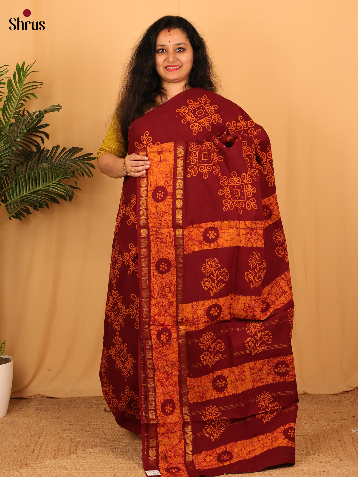 Maroon & Orange - Sungudi Cotton Saree - Shop on Shrus.com