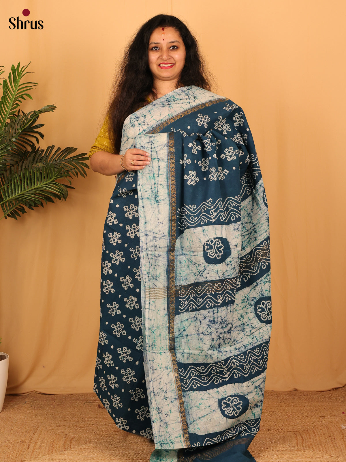 Blue & Cream - Sungudi Cotton Saree - Shop on Shrus.com
