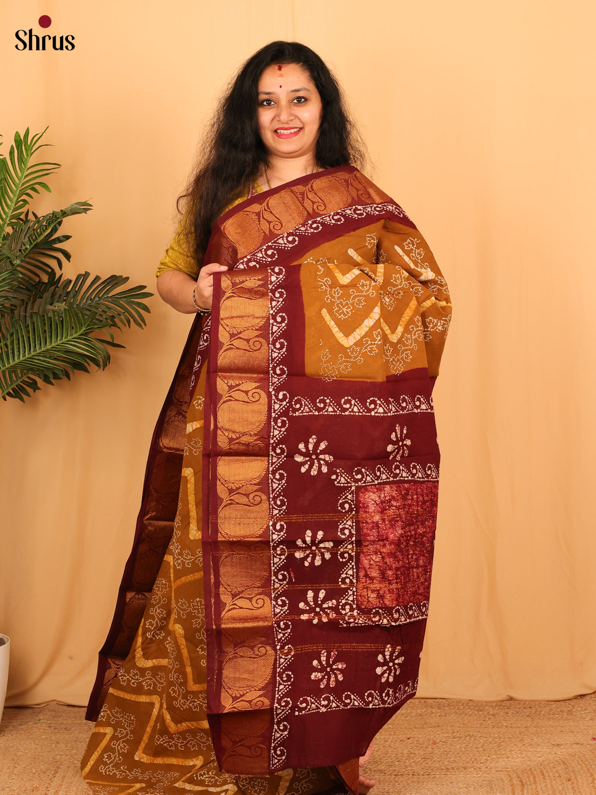 Mustard & Maroon - Sungudi Cotton Saree - Shop on Shrus.com