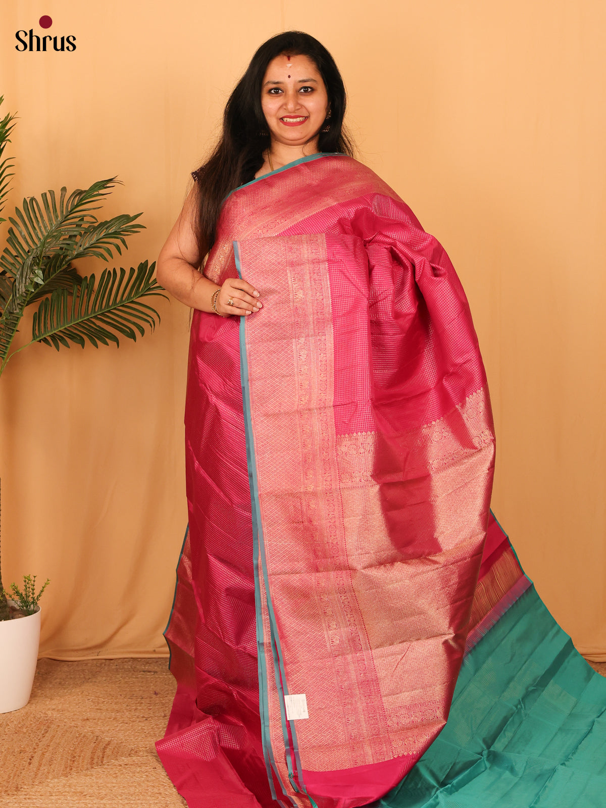 Pink & Teal - Kanchipuram silk Saree - Shop on Shrus.com