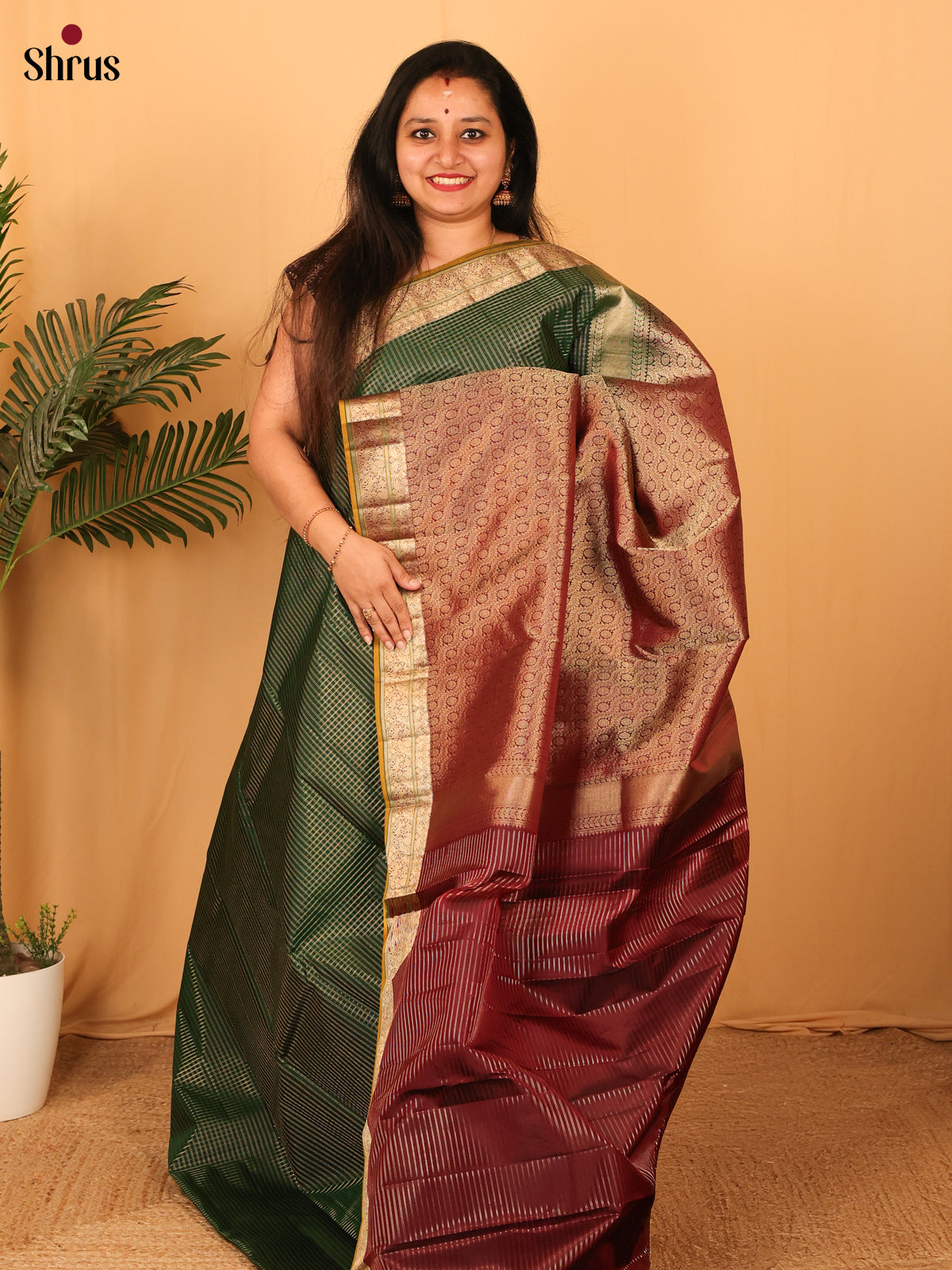 Green & Maroon - Kanchipuram silk Saree - Shop on Shrus.com