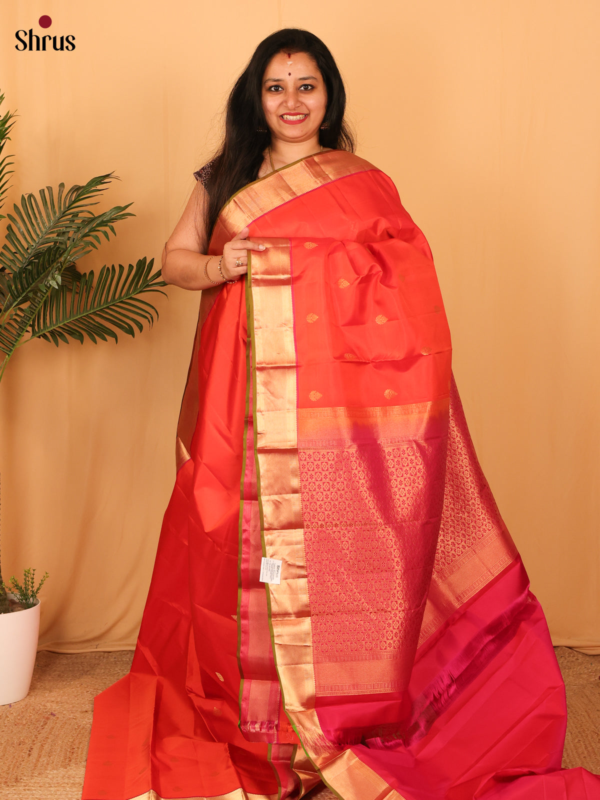 Orange & Red - Kanchipuram silk Saree - Shop on Shrus.com