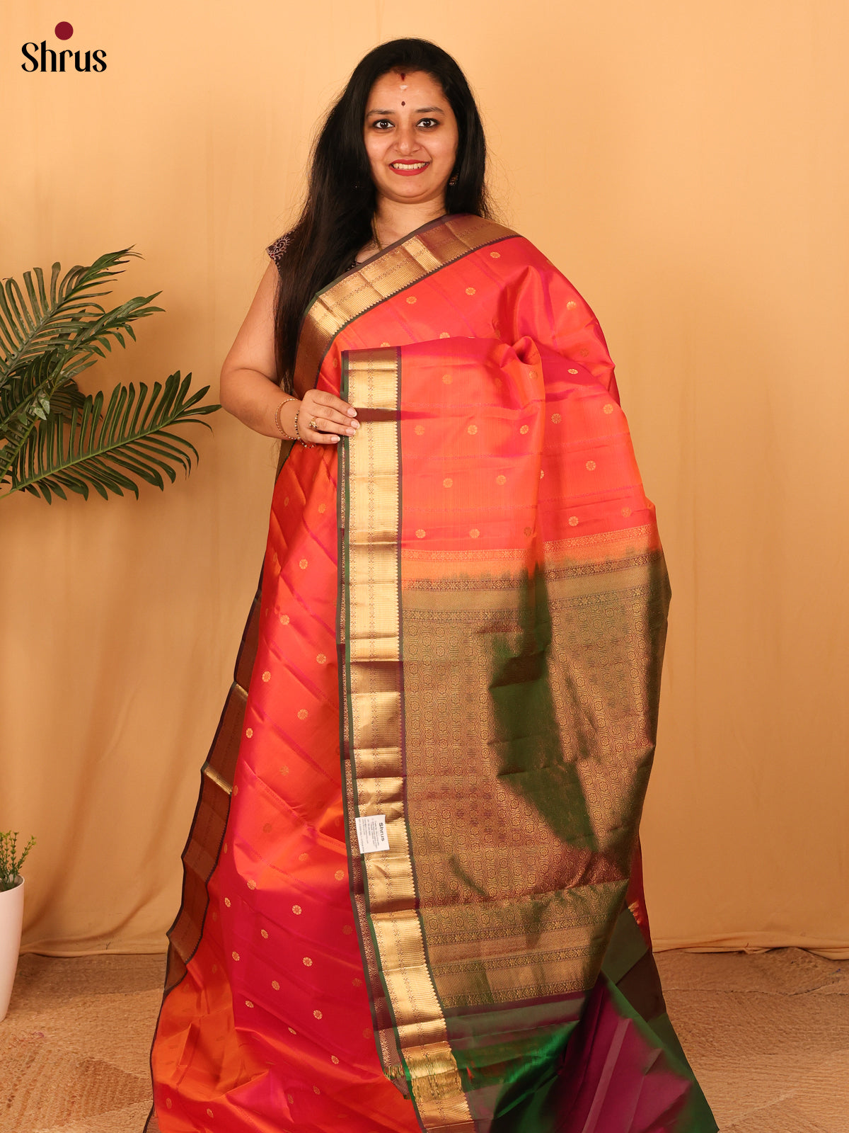 Orange & Green - Kanchipuram silk Saree - Shop on Shrus.com