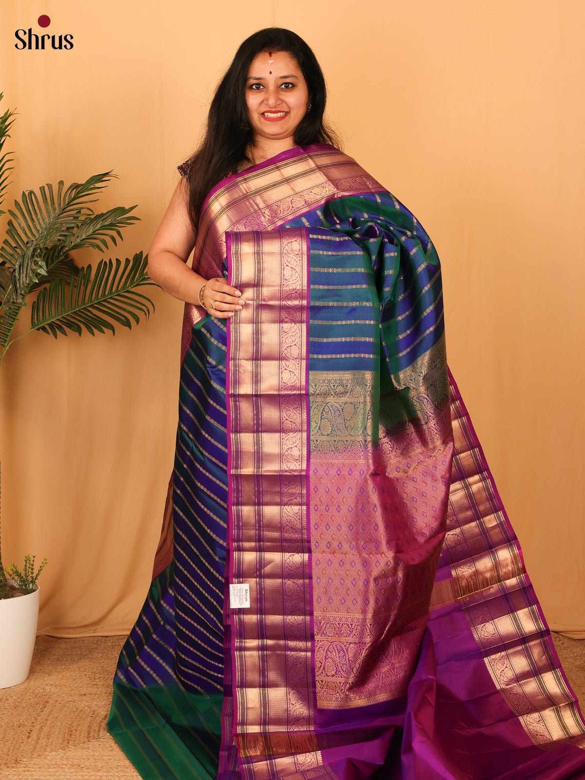 Peacock Blue & Purple - Kanchipuram silk Saree - Shop on Shrus.com
