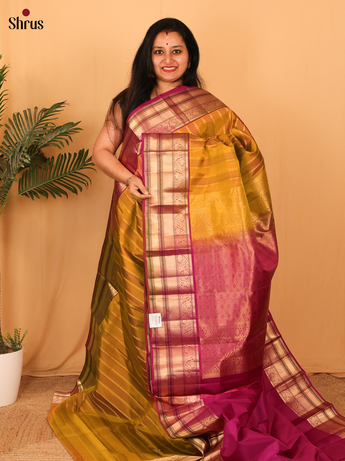 Pretty Mustard Yellow and Purple Pure Kanchipuram silk Saree With Zari Woven Stripes - Shop on Shrus.com