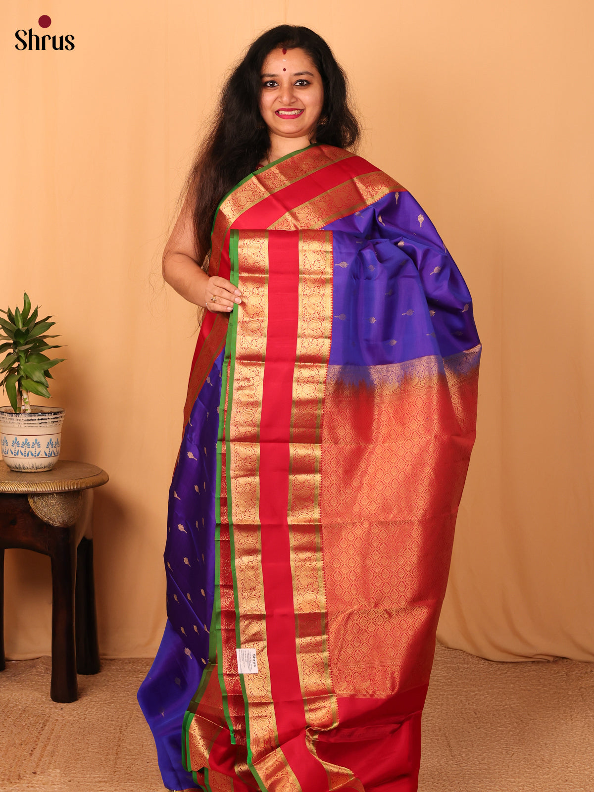 Blue & Red - Kanchipuram silk Saree - Shop on Shrus.com